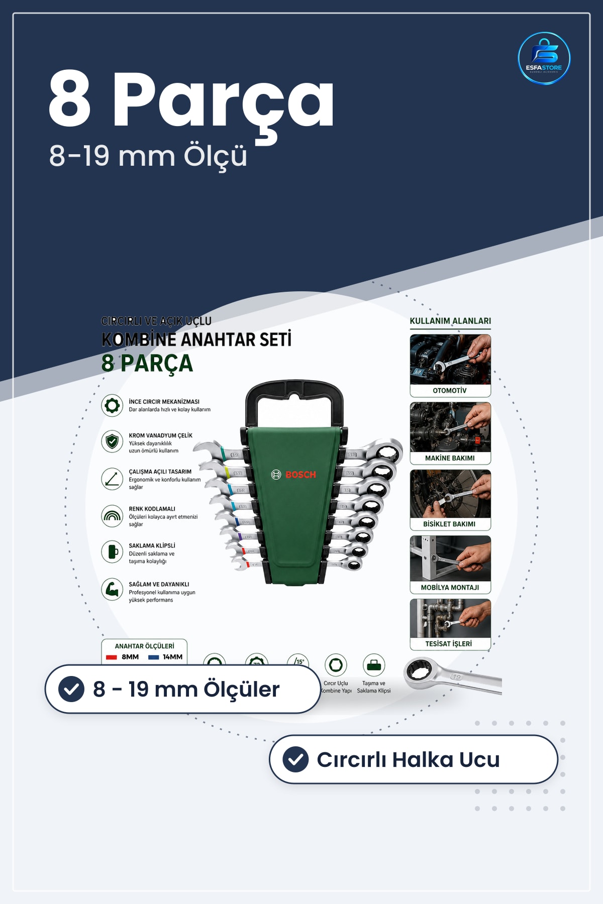 Kombine Anahtar Takımı 8 Parça ila 19 mm Cırcırlı Krom Vanadyum Çelik Plastik Standlı Taşıma