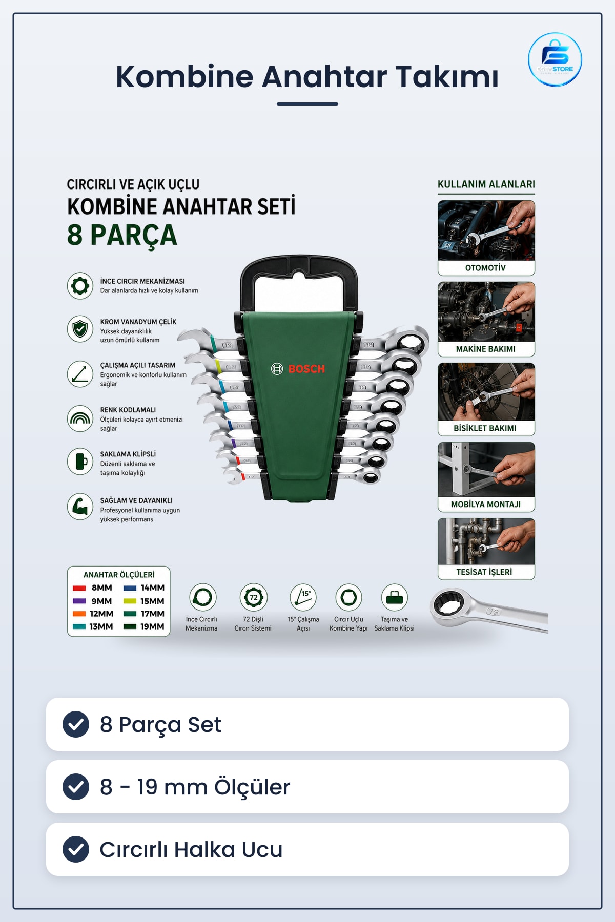 Kombine Anahtar Takımı 8 Parça ila 19 mm Cırcırlı Krom Vanadyum Çelik Plastik Standlı Taşıma