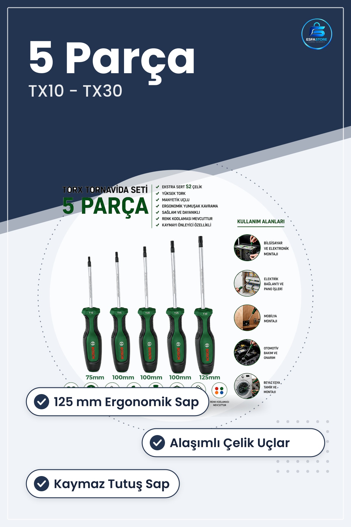 Torx Tornavida Seti 5 Parça TX10 ile TX30 125 mm Ergonomik Saplı Alaşımlı Çelik Kullanışlı