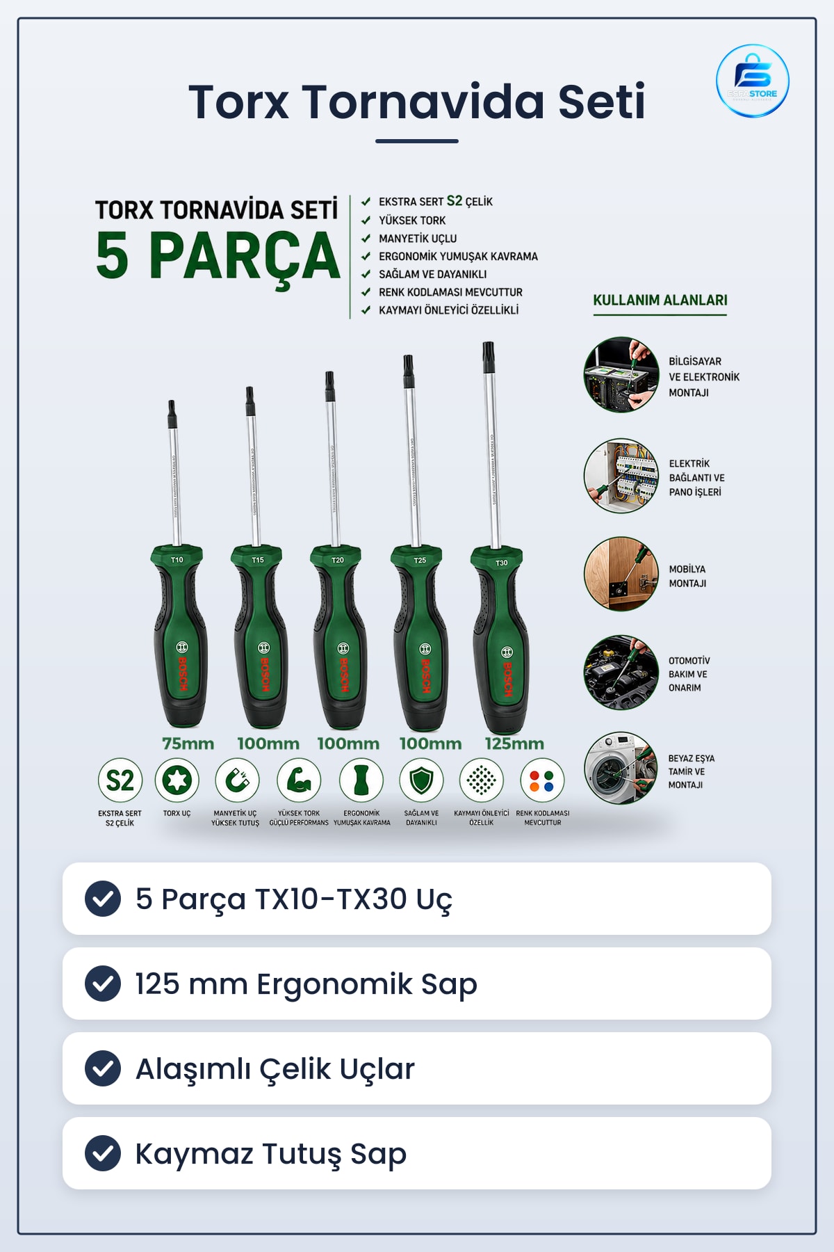 Torx Tornavida Seti 5 Parça TX10 ile TX30 125 mm Ergonomik Saplı Alaşımlı Çelik Kullanışlı