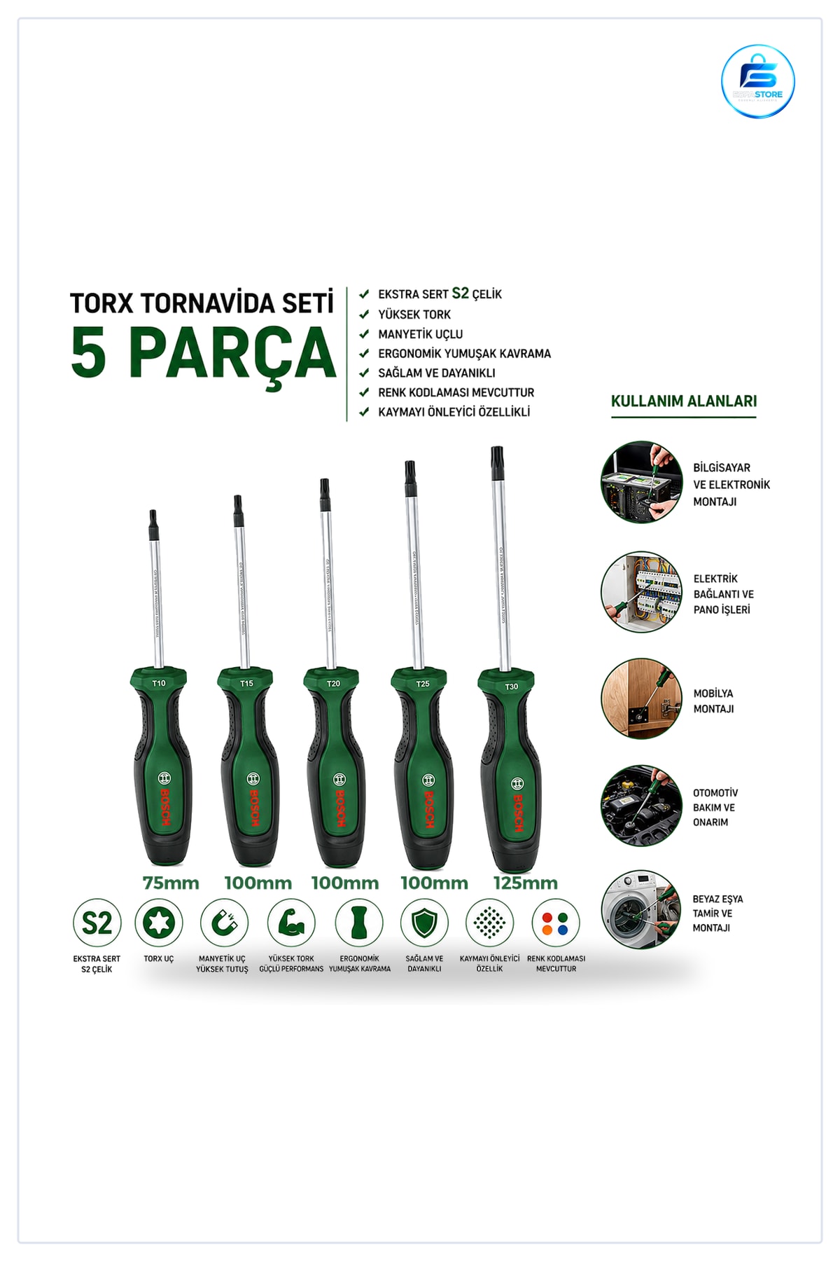 Torx Tornavida Seti 5 Parça TX10 ile TX30 125 mm Ergonomik Saplı Alaşımlı Çelik Kullanışlı