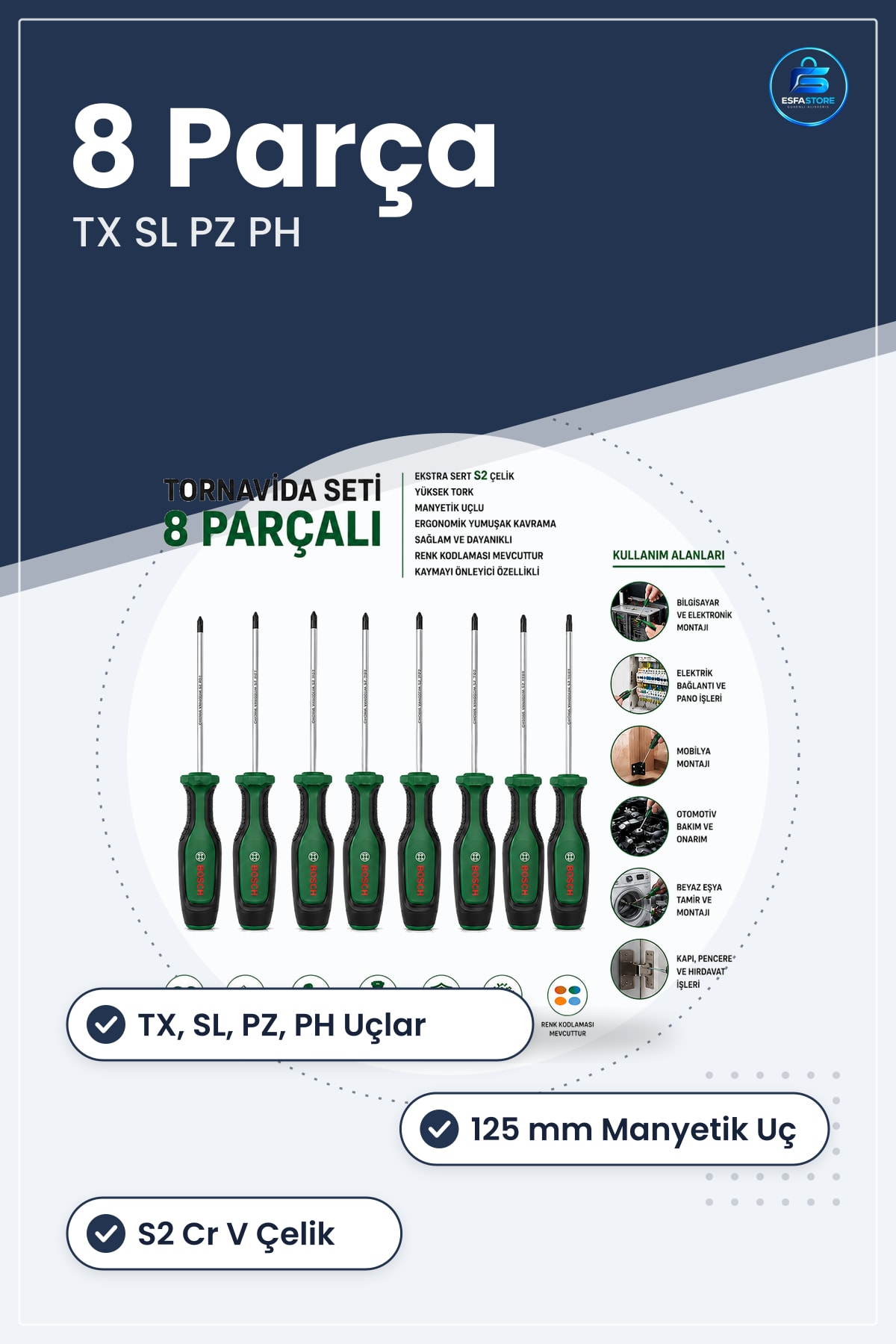 Tornavida Seti 8 Parça TX SL PZ PH ile 125 mm Manyetik Uçlu S2 Krom Vanadyum Çelik