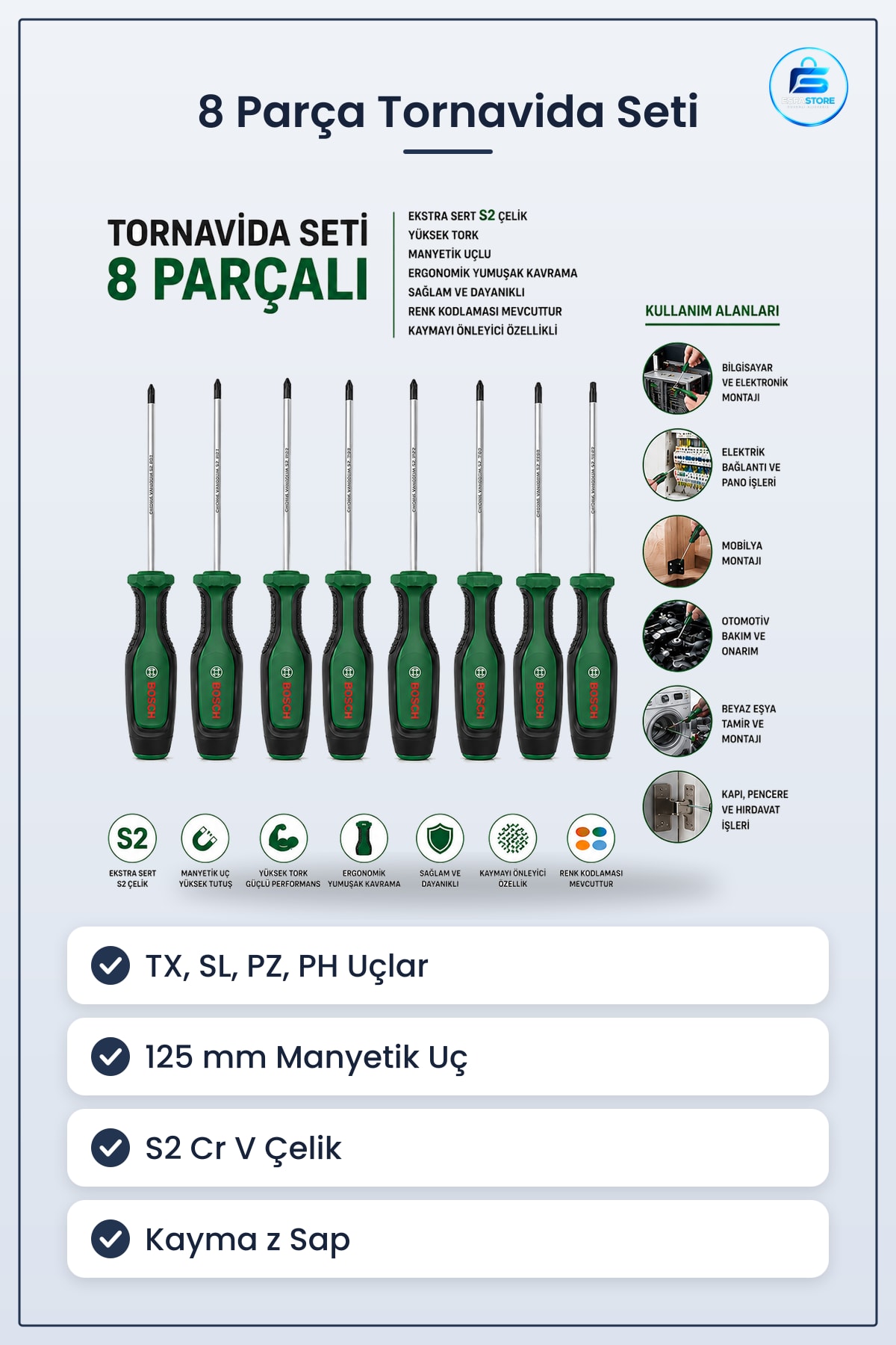 Tornavida Seti 8 Parça TX SL PZ PH ile 125 mm Manyetik Uçlu S2 Krom Vanadyum Çelik