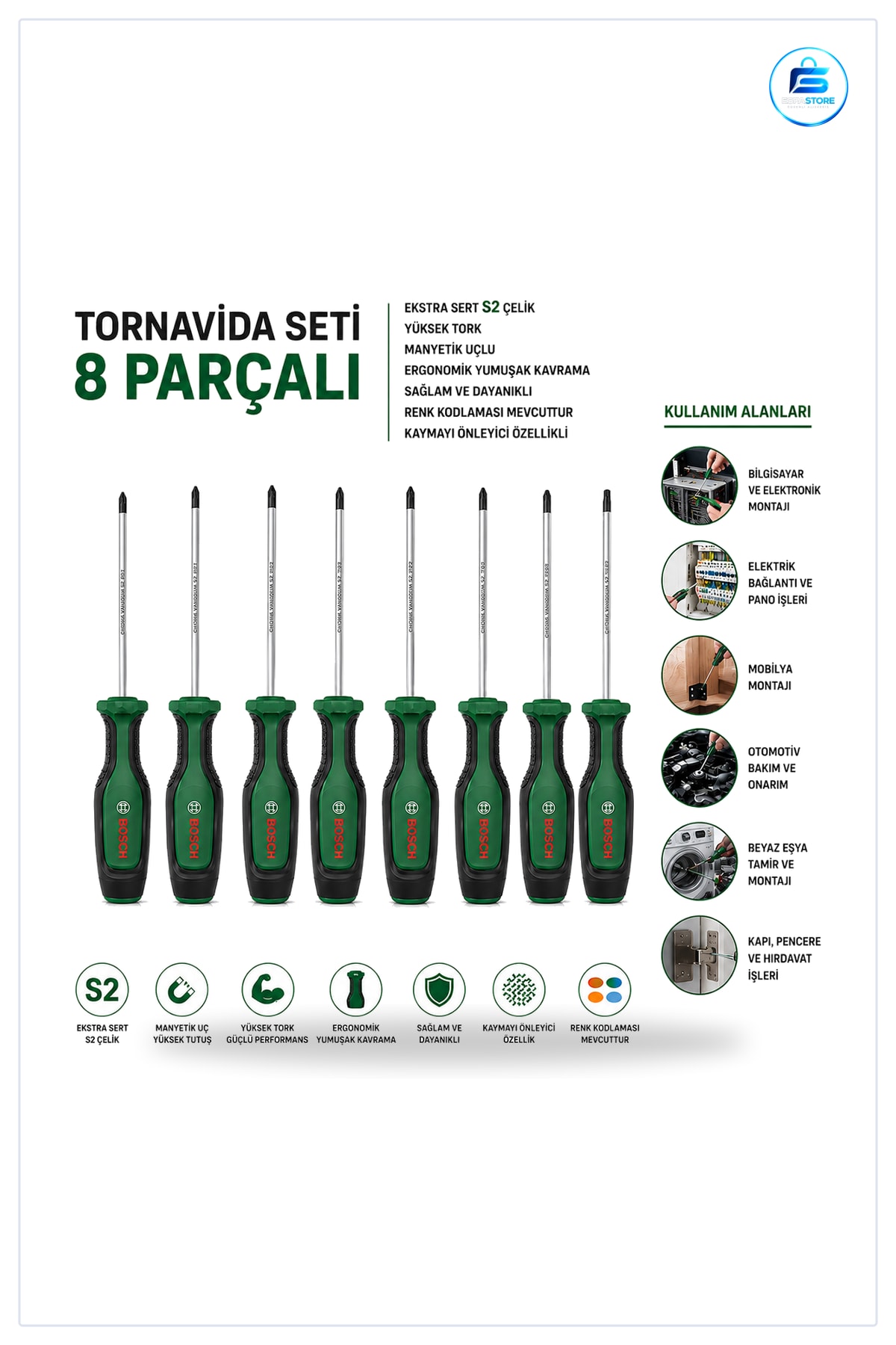 Tornavida Seti 8 Parça TX SL PZ PH ile 125 mm Manyetik Uçlu S2 Krom Vanadyum Çelik
