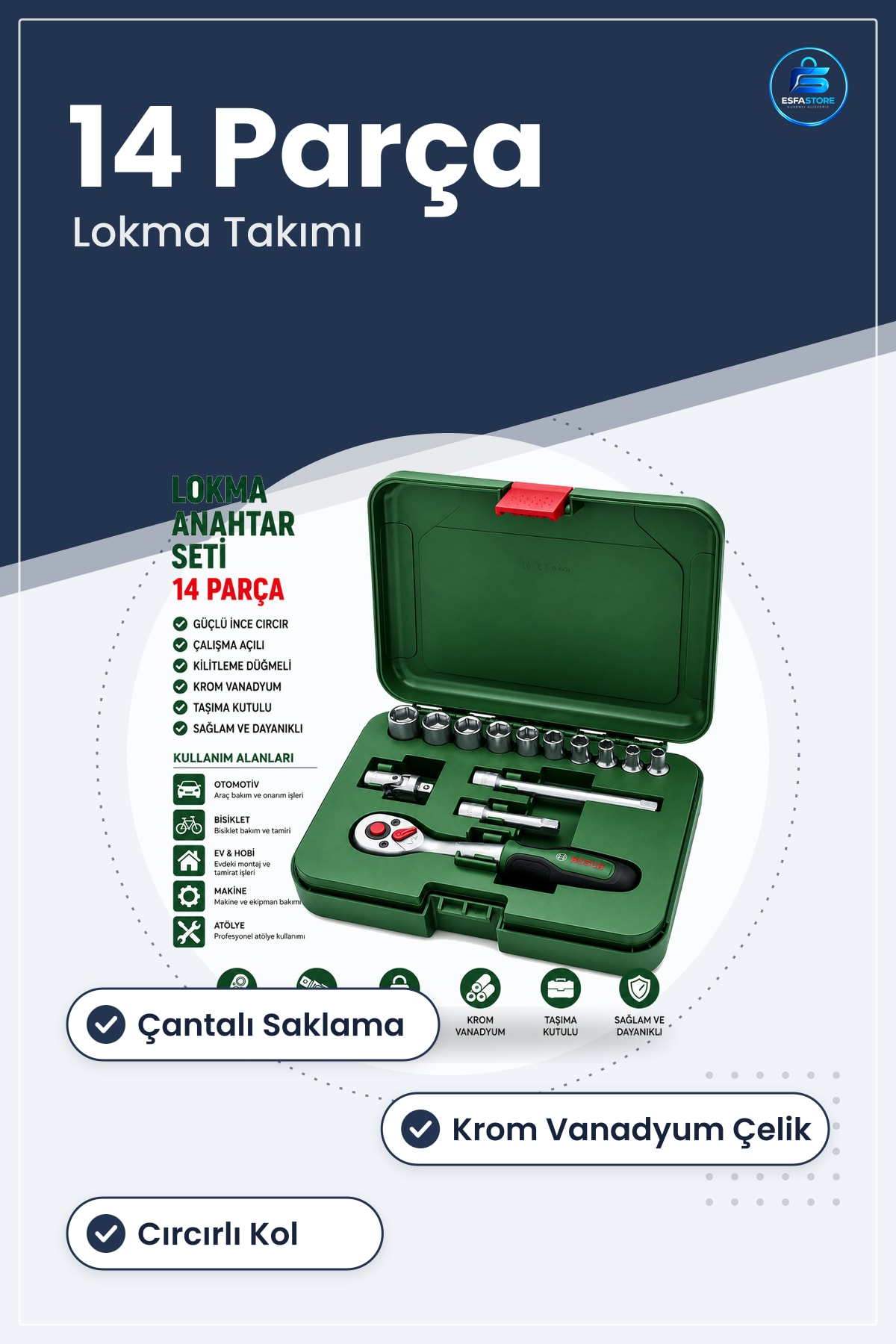 Lokma Takımı İnç 14 Parça Çantalı Krom Vanadyum Cırcırlı Oto Bakım Ev Tamir Seti
