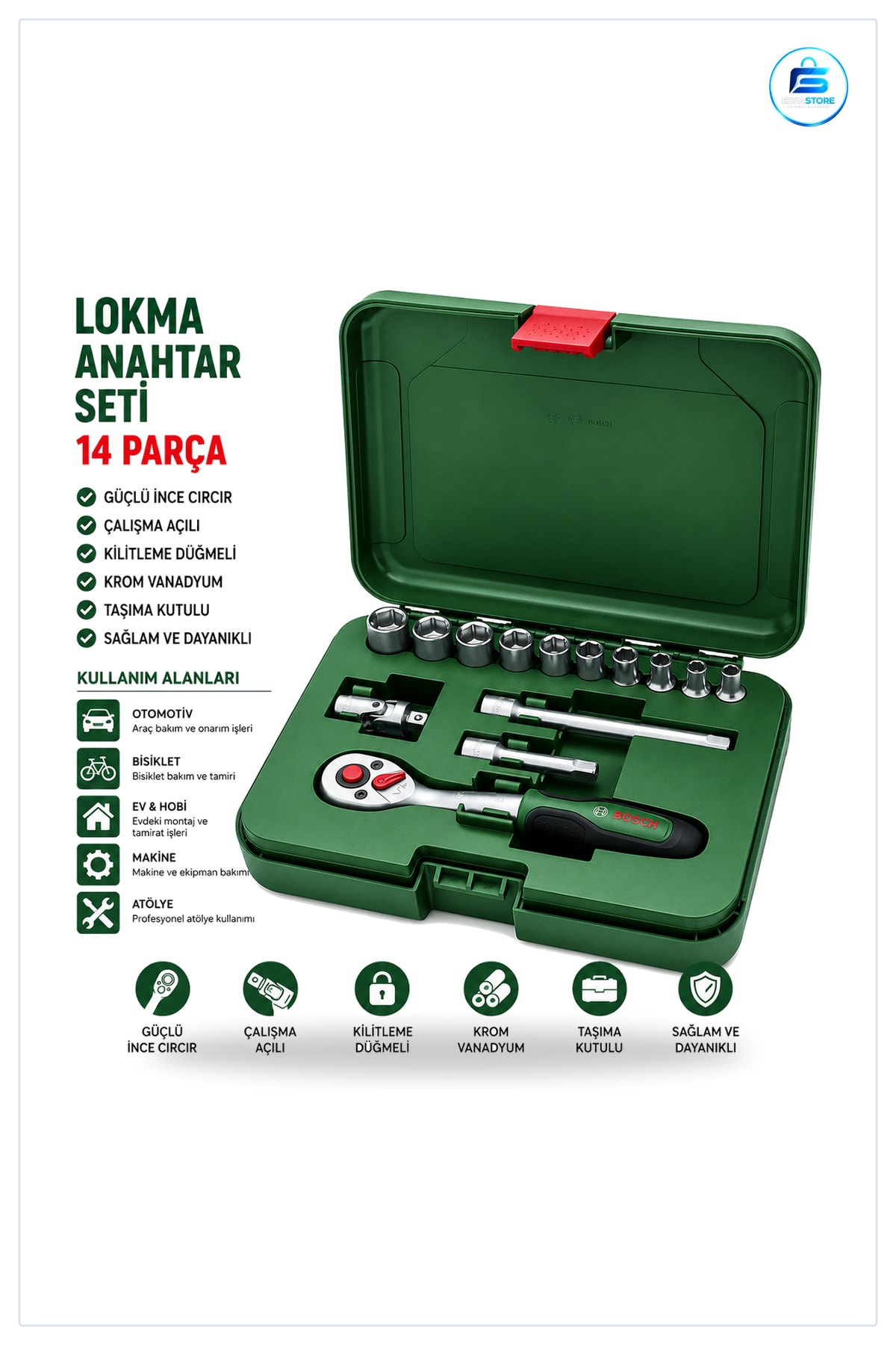 Lokma Takımı İnç 14 Parça Çantalı Krom Vanadyum Cırcırlı Oto Bakım Ev Tamir Seti