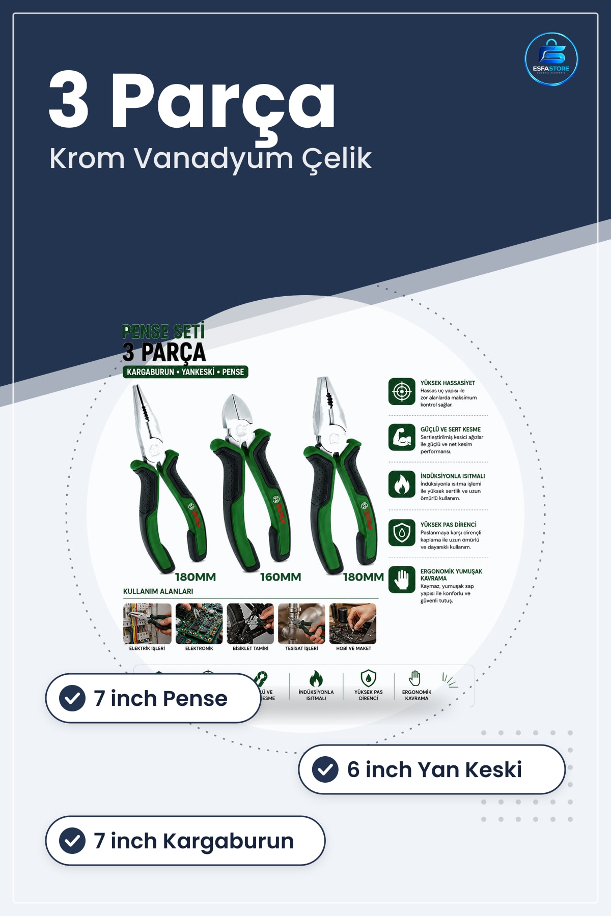 Pense Seti 3 Parça Kargaburun Yan Keski 7 inch Krom Vanadyum Çelik Kaymaz Sap Elektrik Tamir Hobi