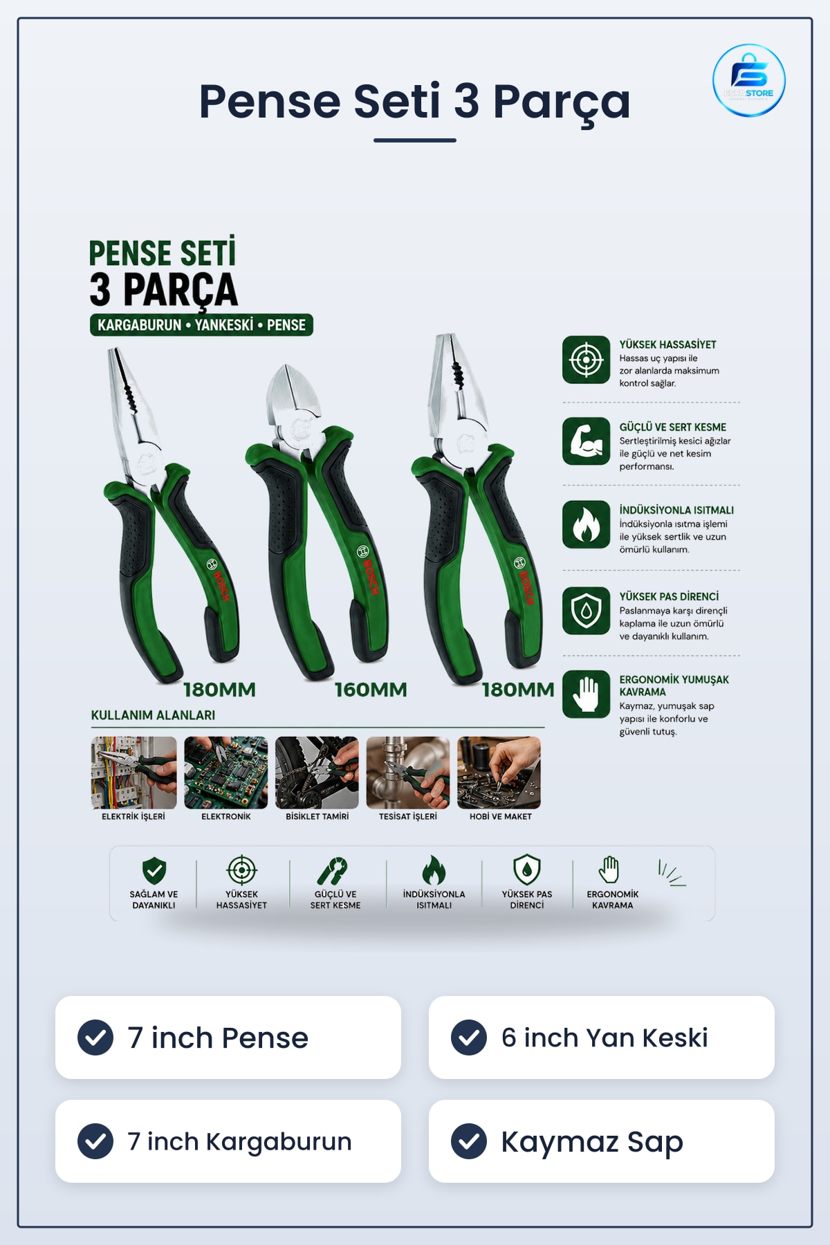 Pense Seti 3 Parça Kargaburun Yan Keski 7 inch Krom Vanadyum Çelik Kaymaz Sap Elektrik Tamir Hobi