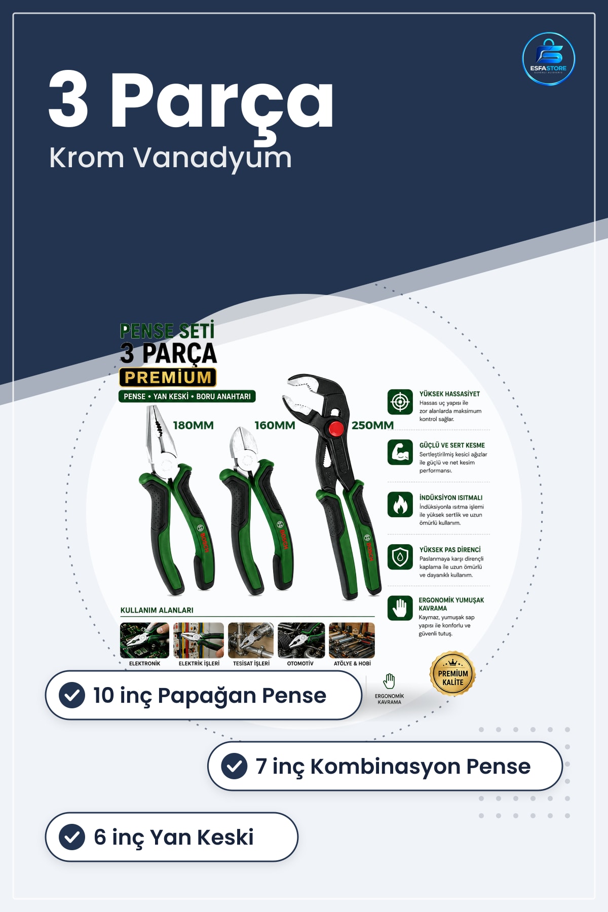 Pense Seti 3 Parça Premium 10 inç Papağan 7 Kombinasyon 6 Yan Keski Krom Vanadyum El Aleti