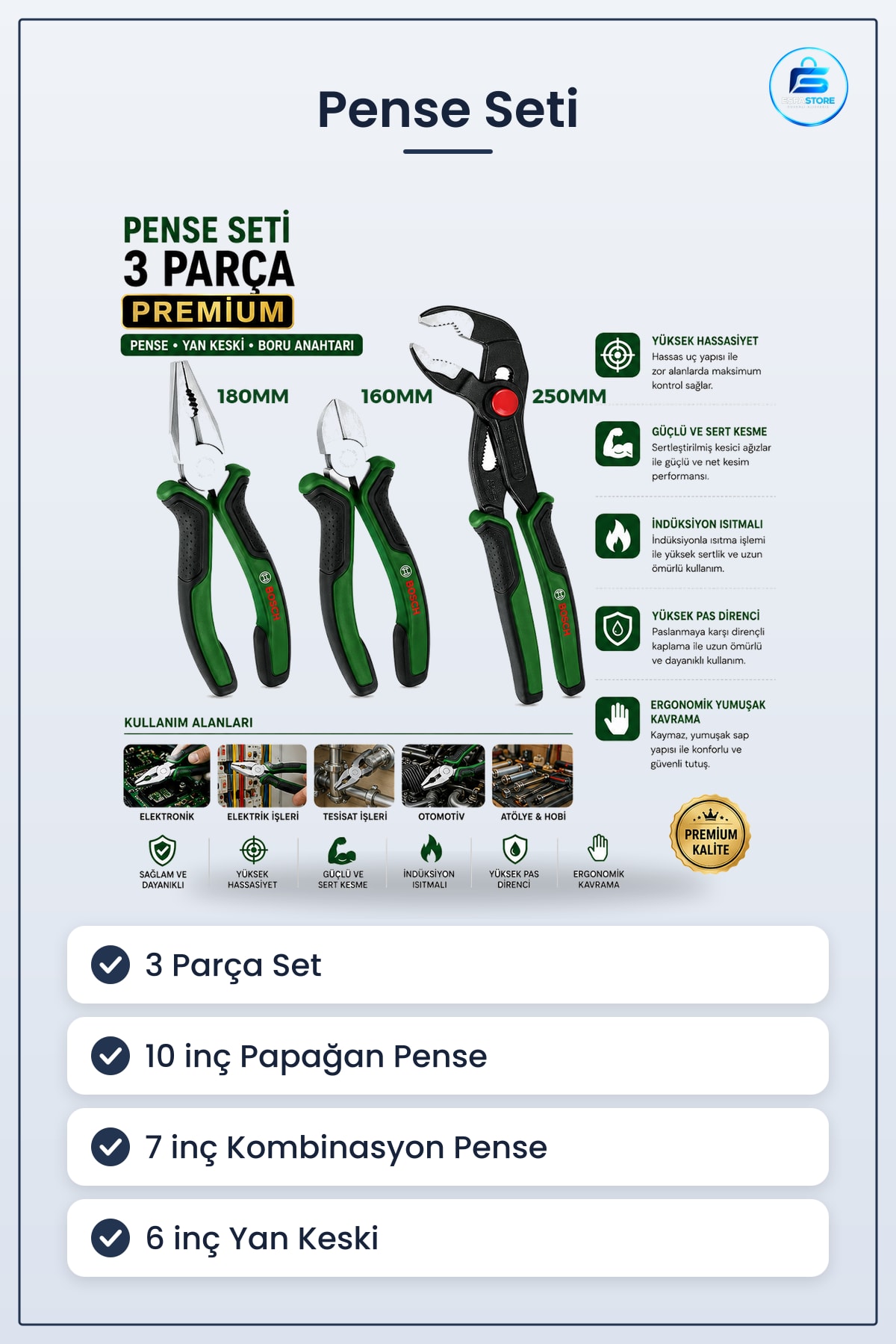Pense Seti 3 Parça Premium 10 inç Papağan 7 Kombinasyon 6 Yan Keski Krom Vanadyum El Aleti