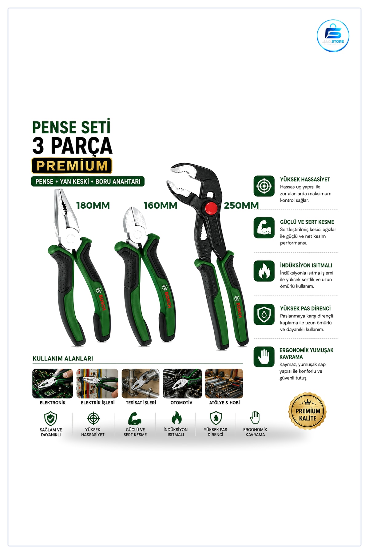 Pense Seti 3 Parça Premium 10 inç Papağan 7 Kombinasyon 6 Yan Keski Krom Vanadyum El Aleti
