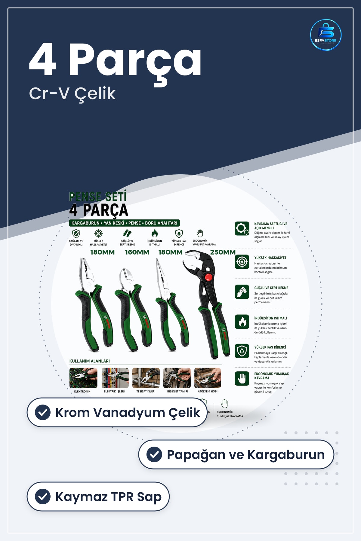 Pense Seti 4 Parça 10 inç Papağan 7 Kargaburnu 6 Yan Keski Krom Vanadyum Çelik Hırdavat
