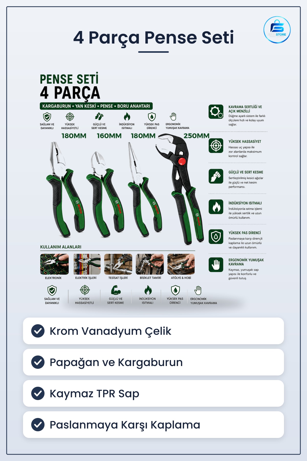 Pense Seti 4 Parça 10 inç Papağan 7 Kargaburnu 6 Yan Keski Krom Vanadyum Çelik Hırdavat