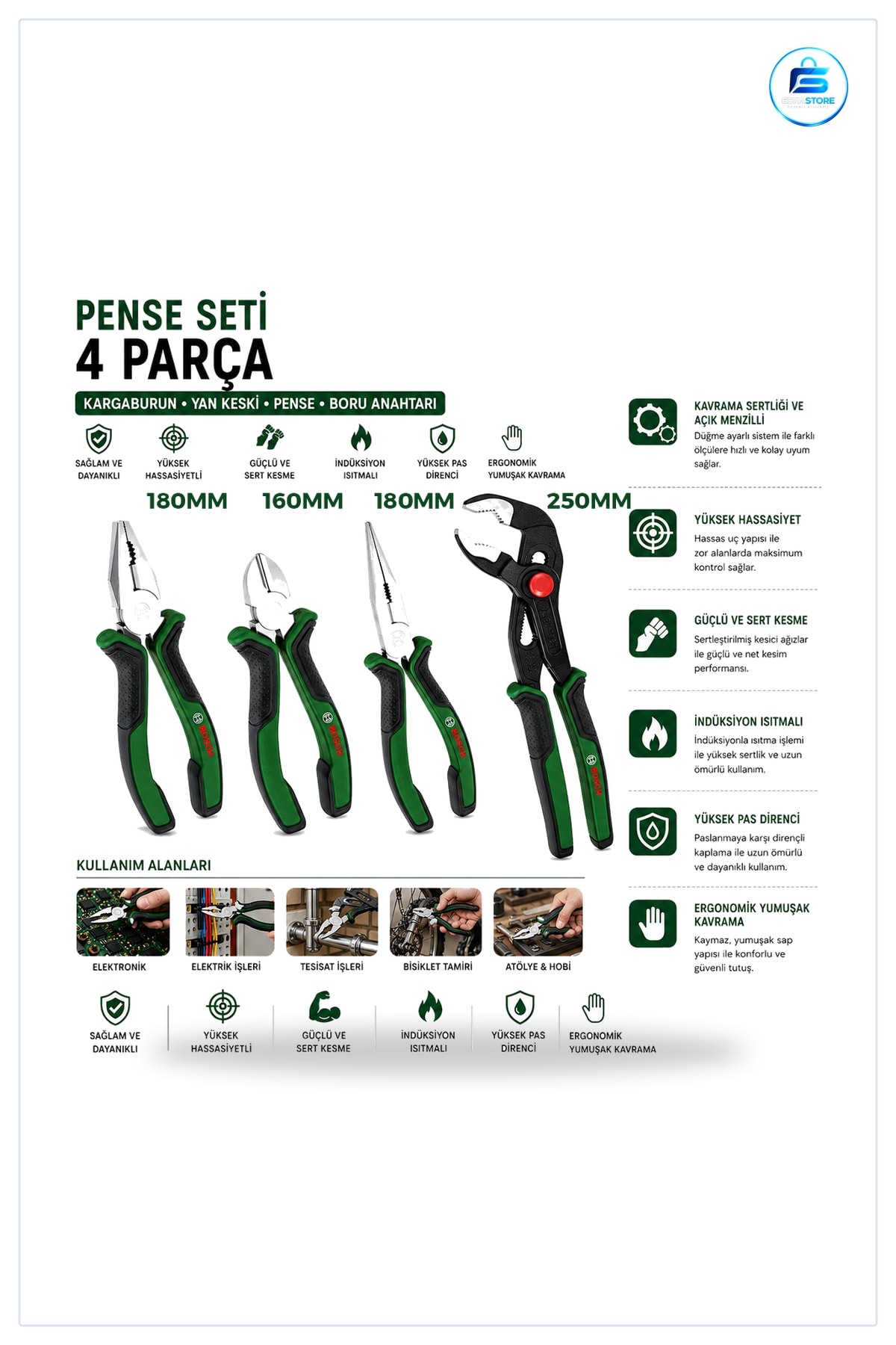 Pense Seti 4 Parça 10 inç Papağan 7 Kargaburnu 6 Yan Keski Krom Vanadyum Çelik Hırdavat