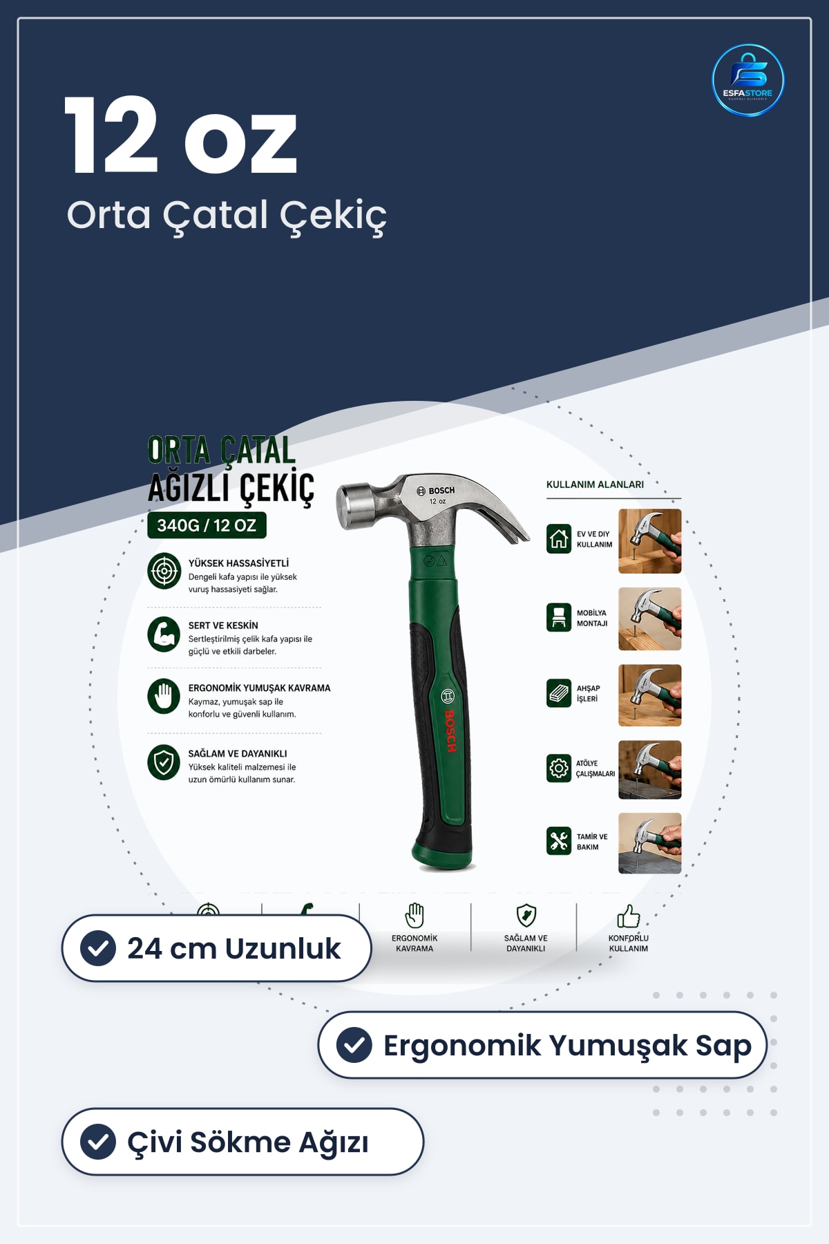 Orta Çatal Çekiç oz 24 cm Ergonomik Yumuşak Sap Ağızlı Çelik Kafa Çivi Sökme Marangoz Tamir