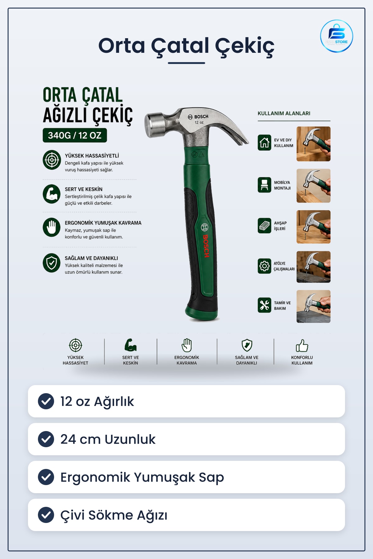 Orta Çatal Çekiç oz 24 cm Ergonomik Yumuşak Sap Ağızlı Çelik Kafa Çivi Sökme Marangoz Tamir