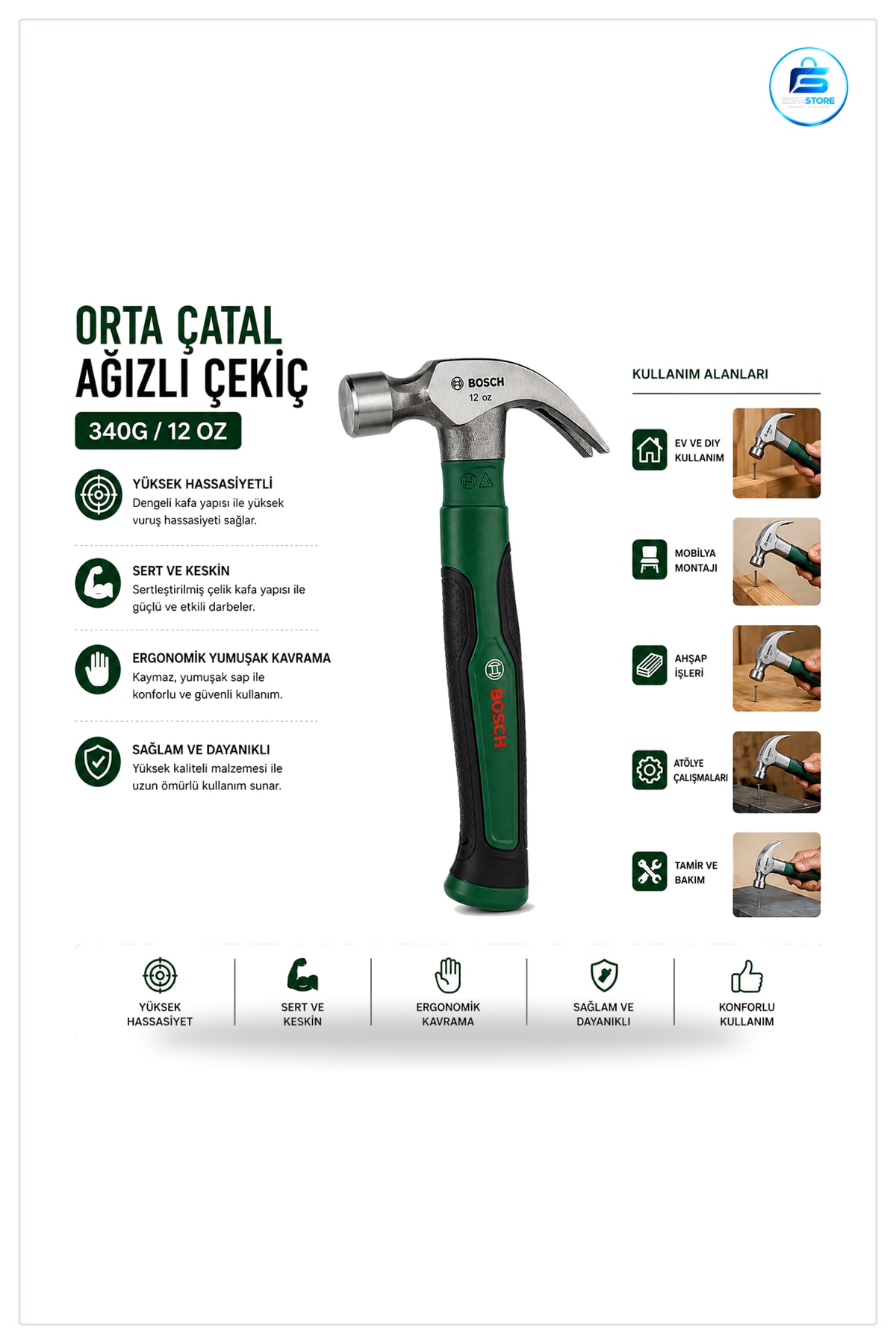 Orta Çatal Çekiç oz 24 cm Ergonomik Yumuşak Sap Ağızlı Çelik Kafa Çivi Sökme Marangoz Tamir