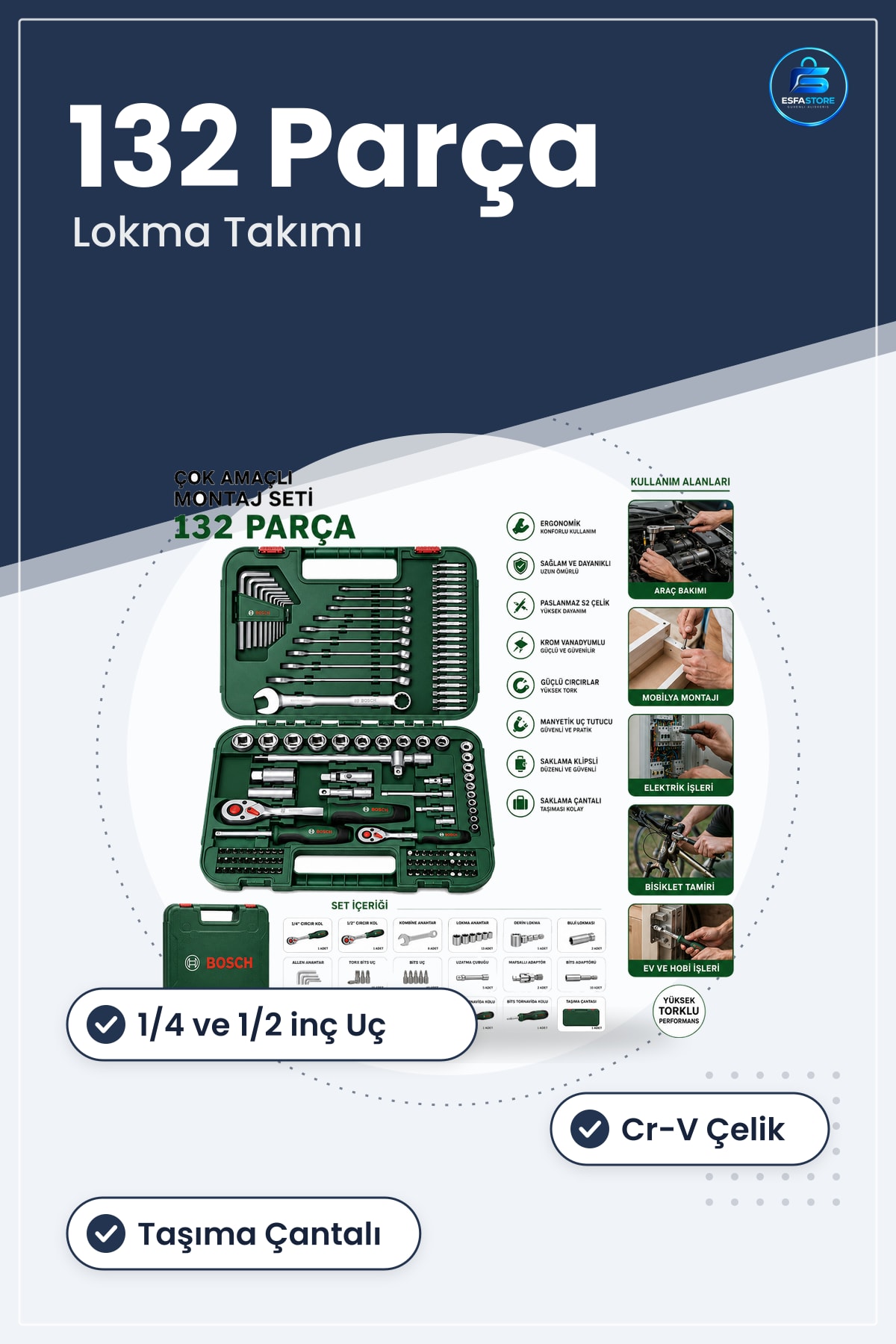 132 Parça Lokma Takımı ve 1/4 inç Cırcır Kollu Alyan Bits Uç Uzatma Çubuğu Taşıma Çantalı Tamir Set