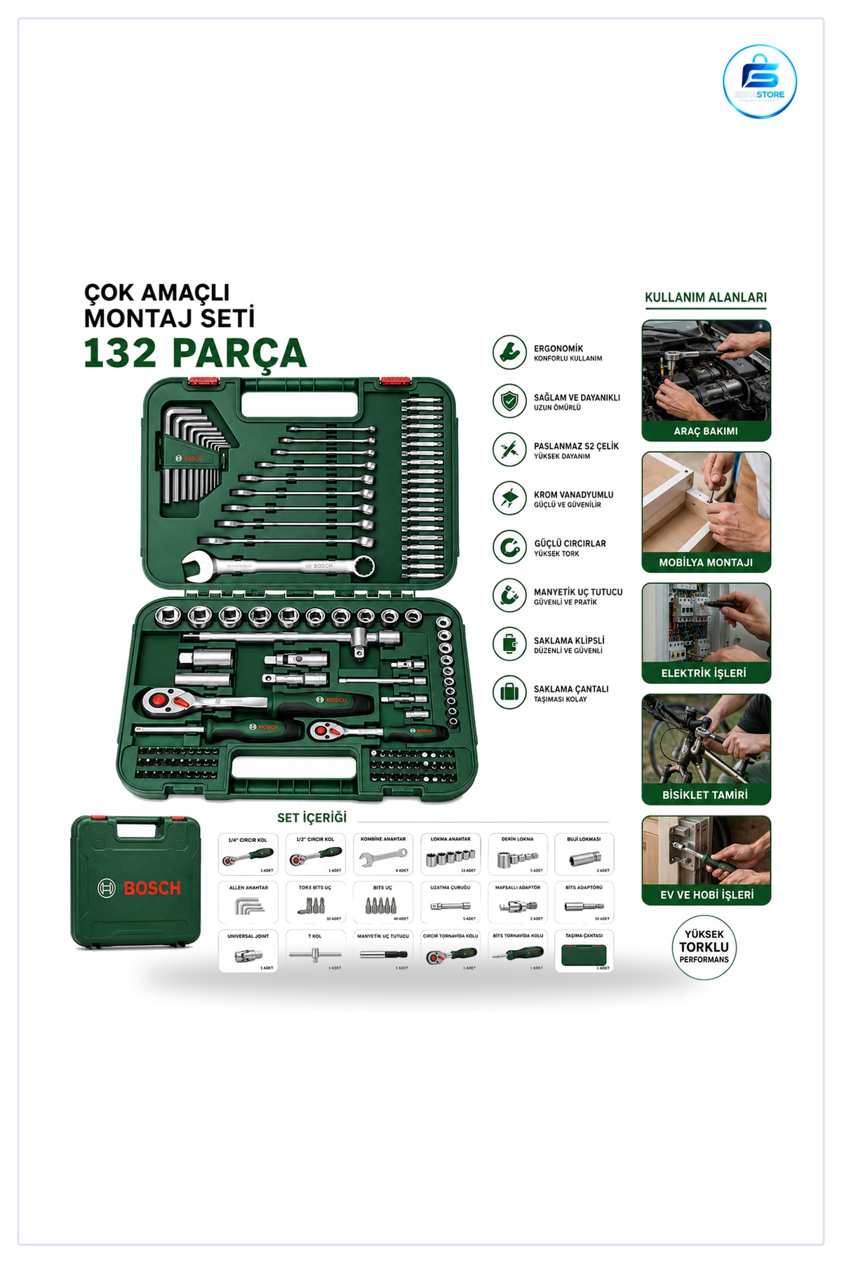 132 Parça Lokma Takımı ve 1/4 inç Cırcır Kollu Alyan Bits Uç Uzatma Çubuğu Taşıma Çantalı Tamir Set