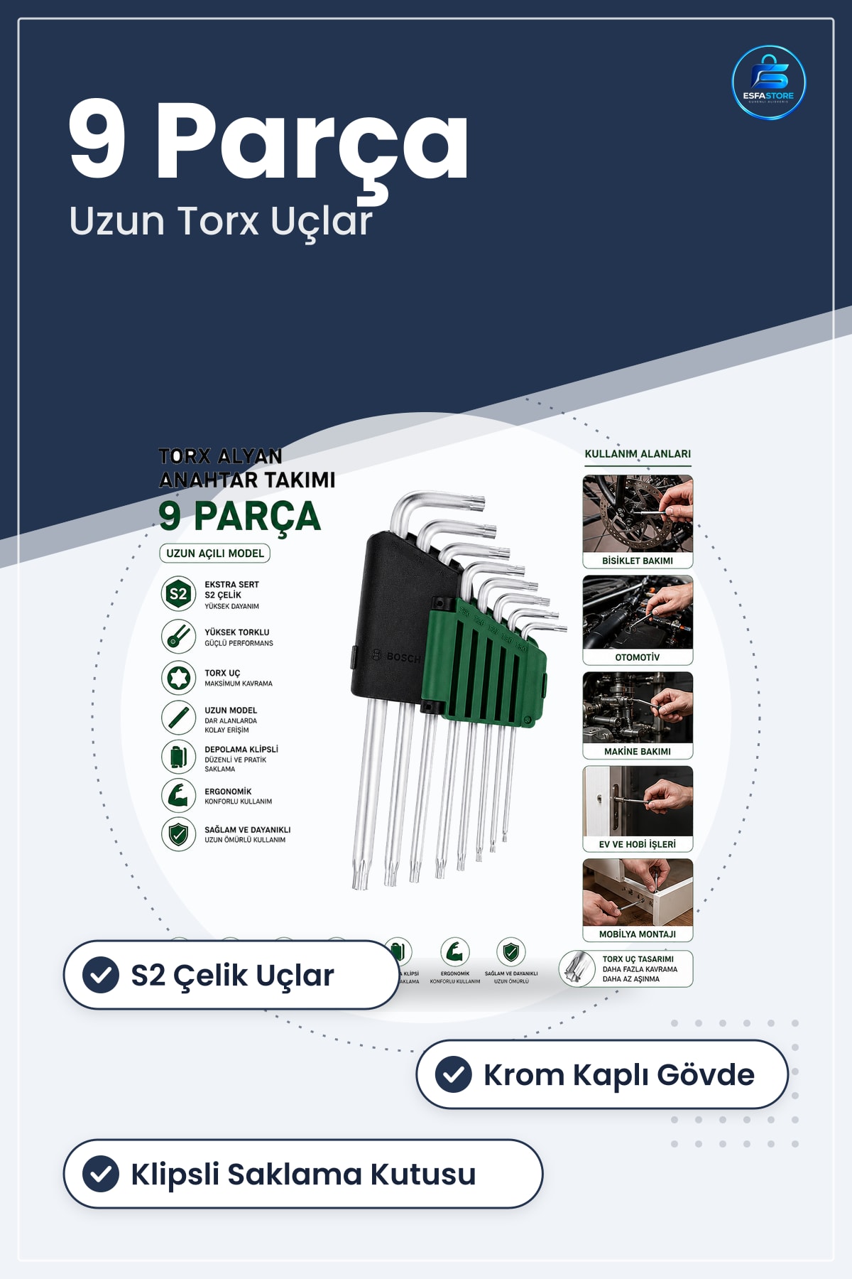 Uzun Torx Alyan Anahtar Takımı 9 Parça Krom S2 Çelik Oto Bisiklet Mobilya Montajı Bakım Seti