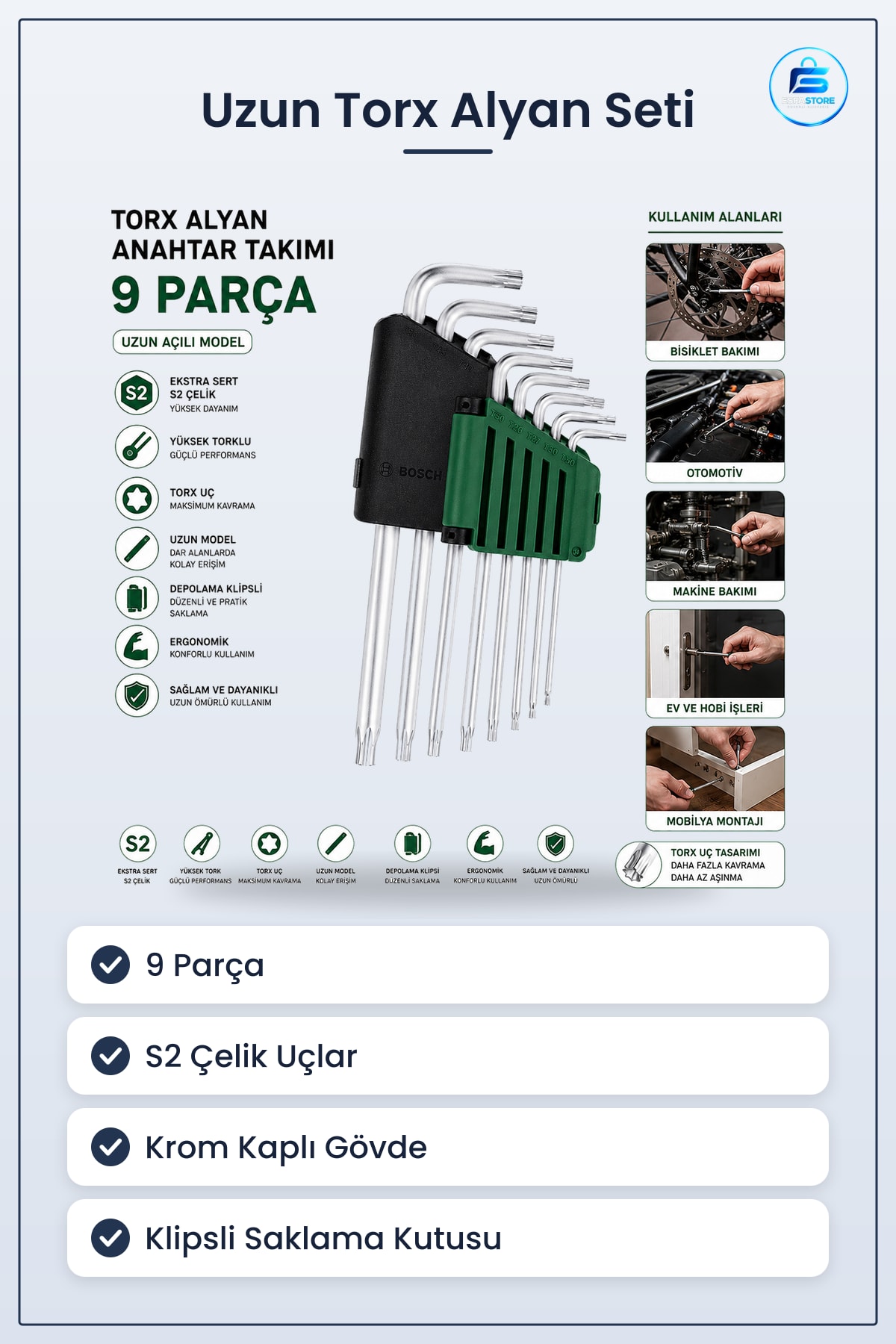 Uzun Torx Alyan Anahtar Takımı 9 Parça Krom S2 Çelik Oto Bisiklet Mobilya Montajı Bakım Seti