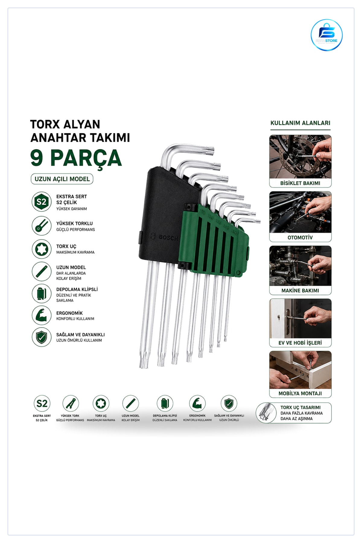 Uzun Torx Alyan Anahtar Takımı 9 Parça Krom S2 Çelik Oto Bisiklet Mobilya Montajı Bakım Seti