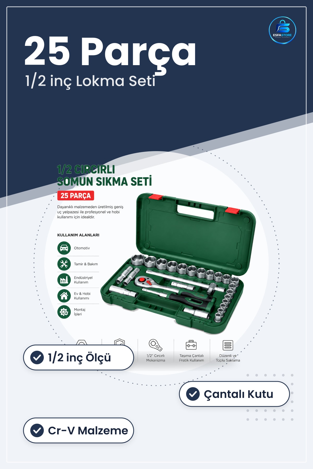 1/2 inç 25 Parça Lokma Takımı Çantalı Cr-V Crırık Kollu Mafsallı Buji Lokması Somun Sıkma Seti Oto