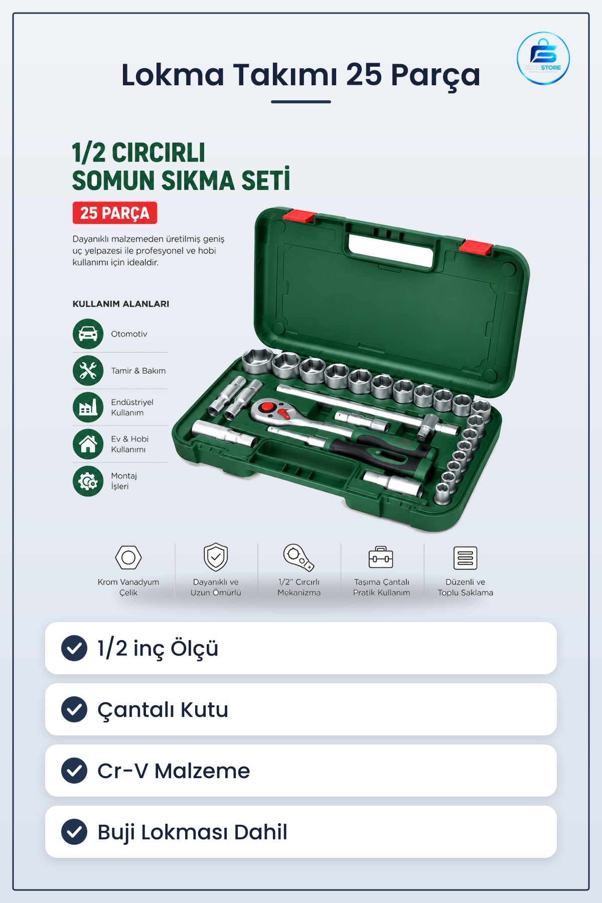 1/2 inç 25 Parça Lokma Takımı Çantalı Cr-V Crırık Kollu Mafsallı Buji Lokması Somun Sıkma Seti Oto