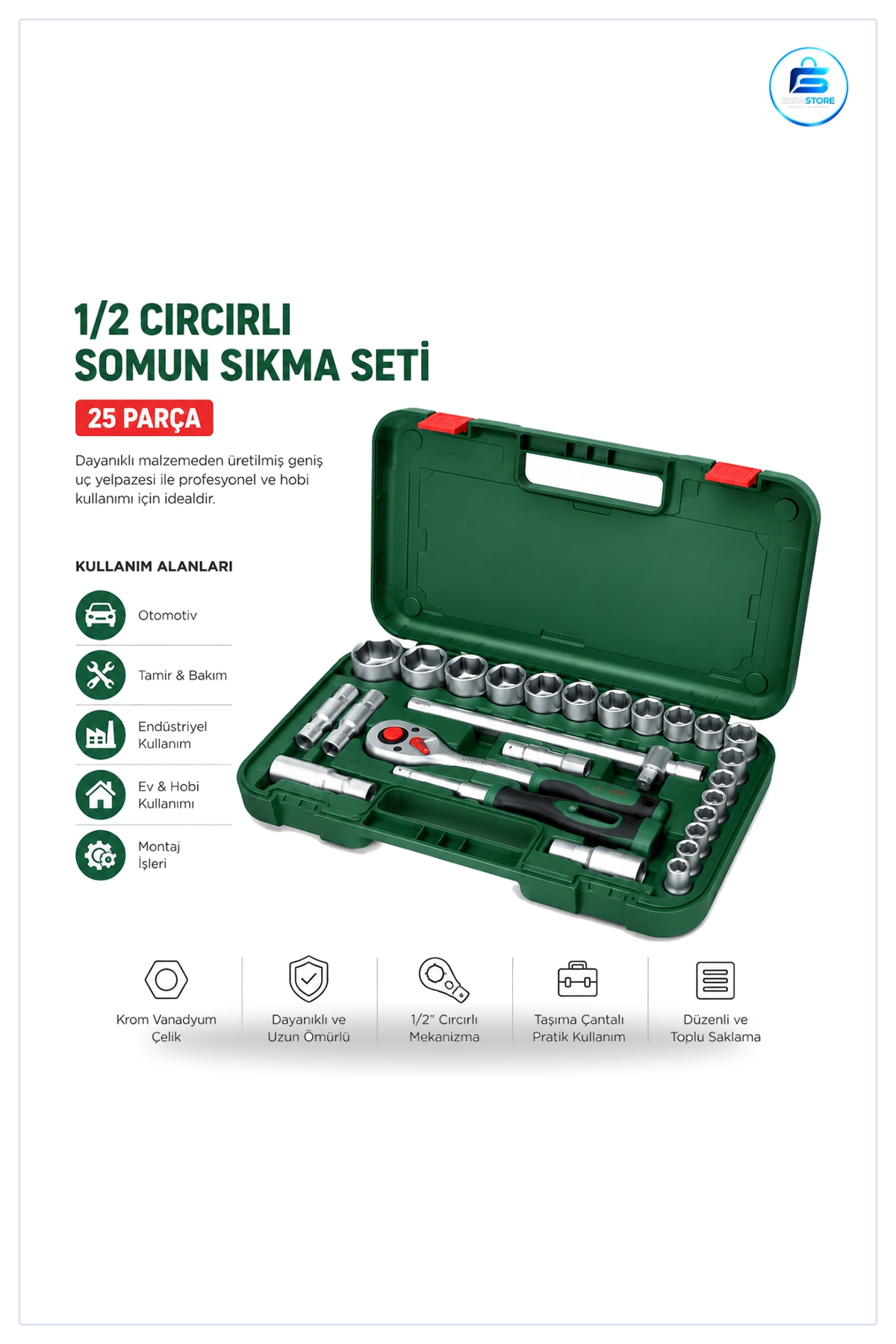 1/2 inç 25 Parça Lokma Takımı Çantalı Cr-V Crırık Kollu Mafsallı Buji Lokması Somun Sıkma Seti Oto