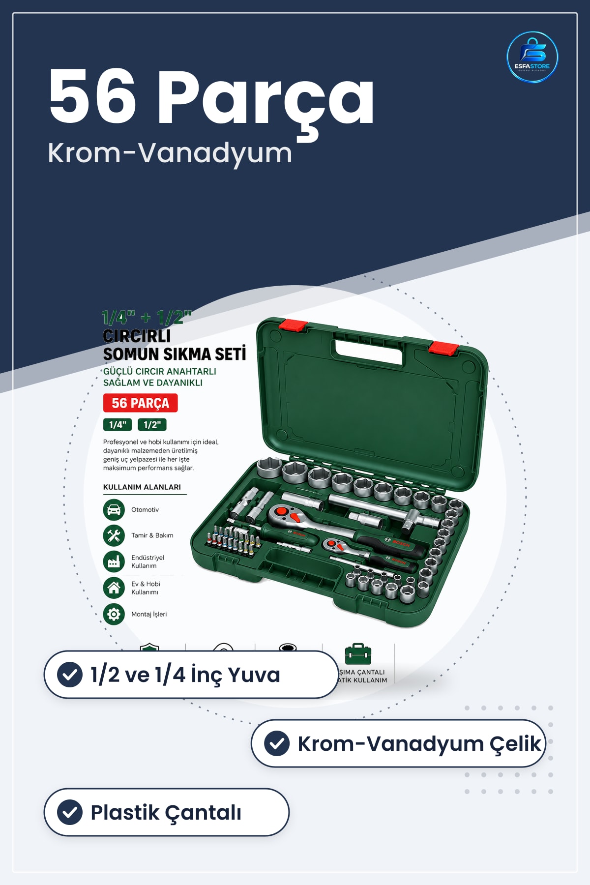 Lokma Takımı 56 Parça ve Cr-V Çelik Ccırlı Somun Sıkma Seti Plastik Çantalı Oto Tamir Atölye