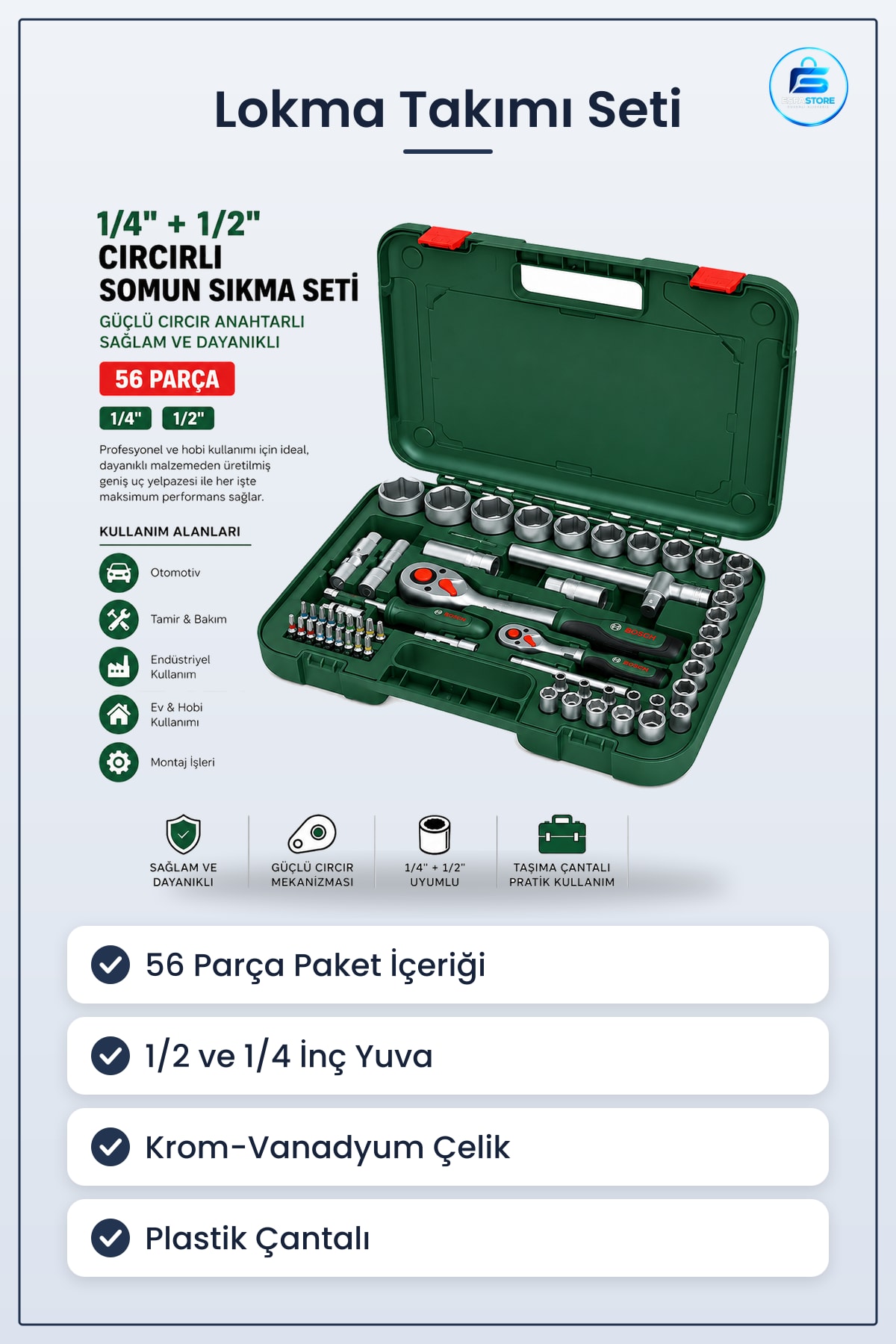 Lokma Takımı 56 Parça ve Cr-V Çelik Ccırlı Somun Sıkma Seti Plastik Çantalı Oto Tamir Atölye