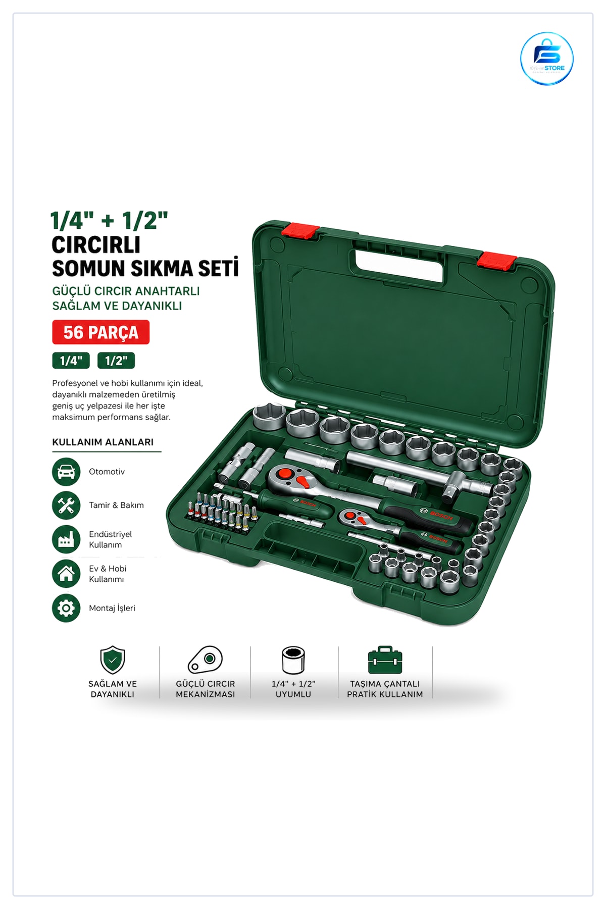 Lokma Takımı 56 Parça ve Cr-V Çelik Ccırlı Somun Sıkma Seti Plastik Çantalı Oto Tamir Atölye