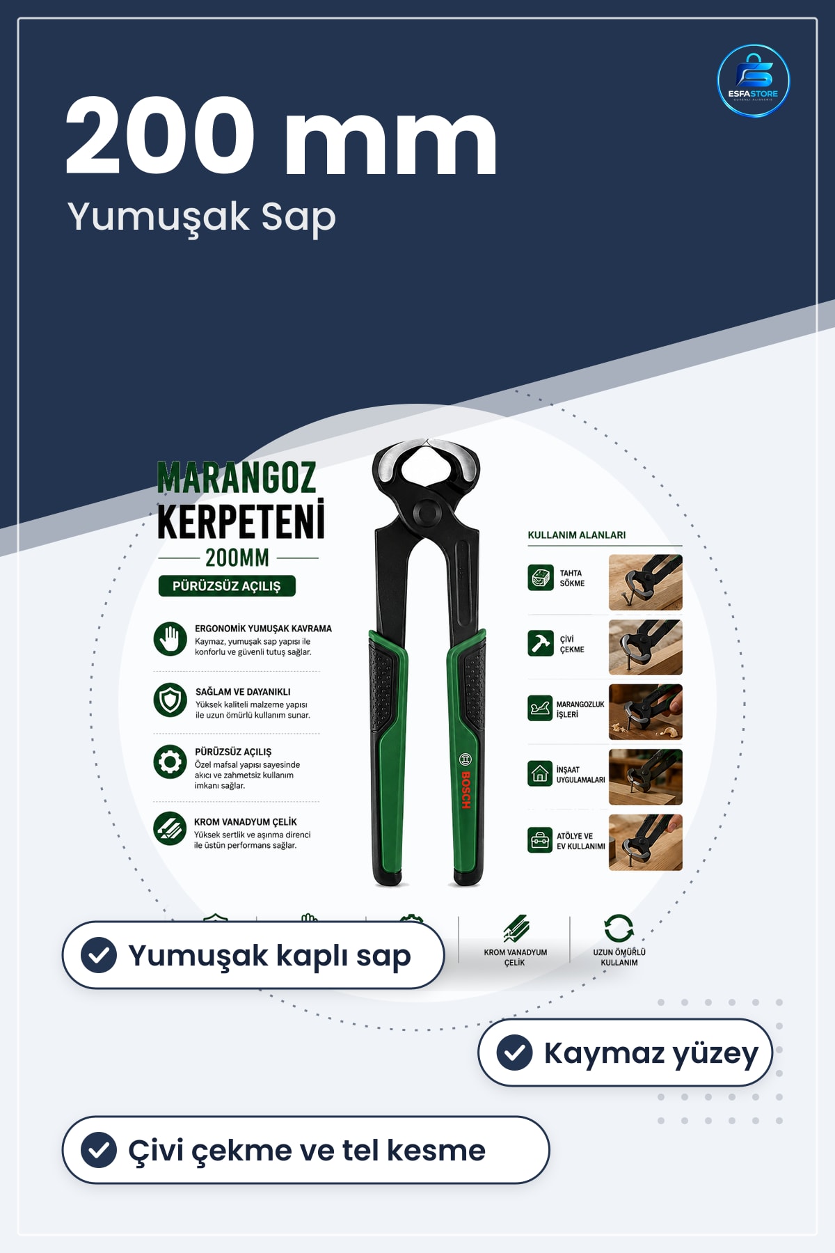 Marangoz Kerpeteni 200 mm Ergonomik Yumuşak Sap Kesici Çivi Çekme Ahşap Tel Kesme Atölye