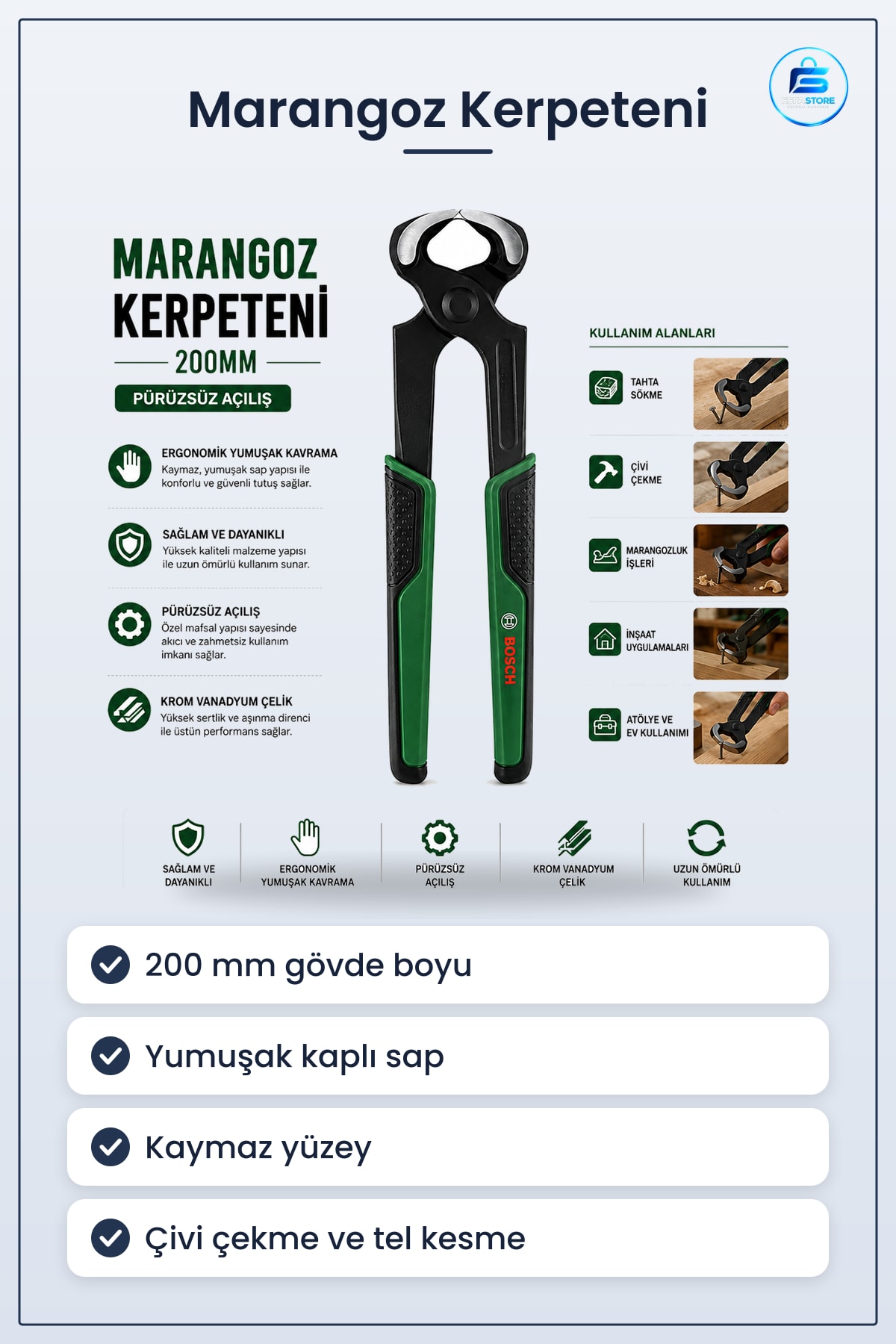 Marangoz Kerpeteni 200 mm Ergonomik Yumuşak Sap Kesici Çivi Çekme Ahşap Tel Kesme Atölye