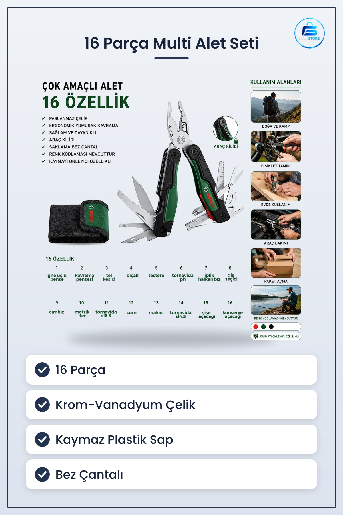 Çok Amaçlı Pense 16 Parça Çantalı Multi Alet Seti Tel Kesici Tornavida Bıçak Makas Ev Tamir