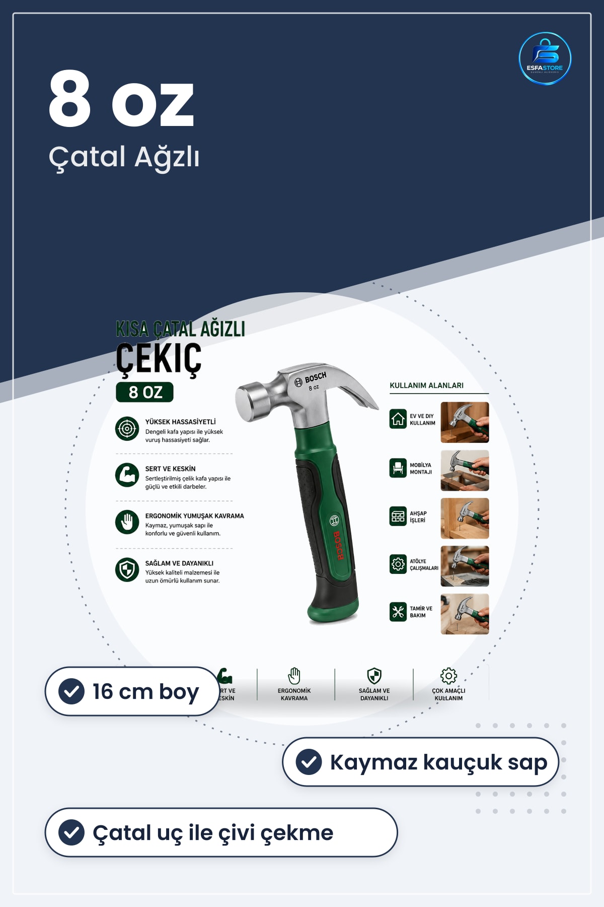 Çekiç Kısa Çatal Ağızlı 8 oz 16 cm Ergonomik Yumuşak Sap Htaş Marangozluk Montaj Tamir