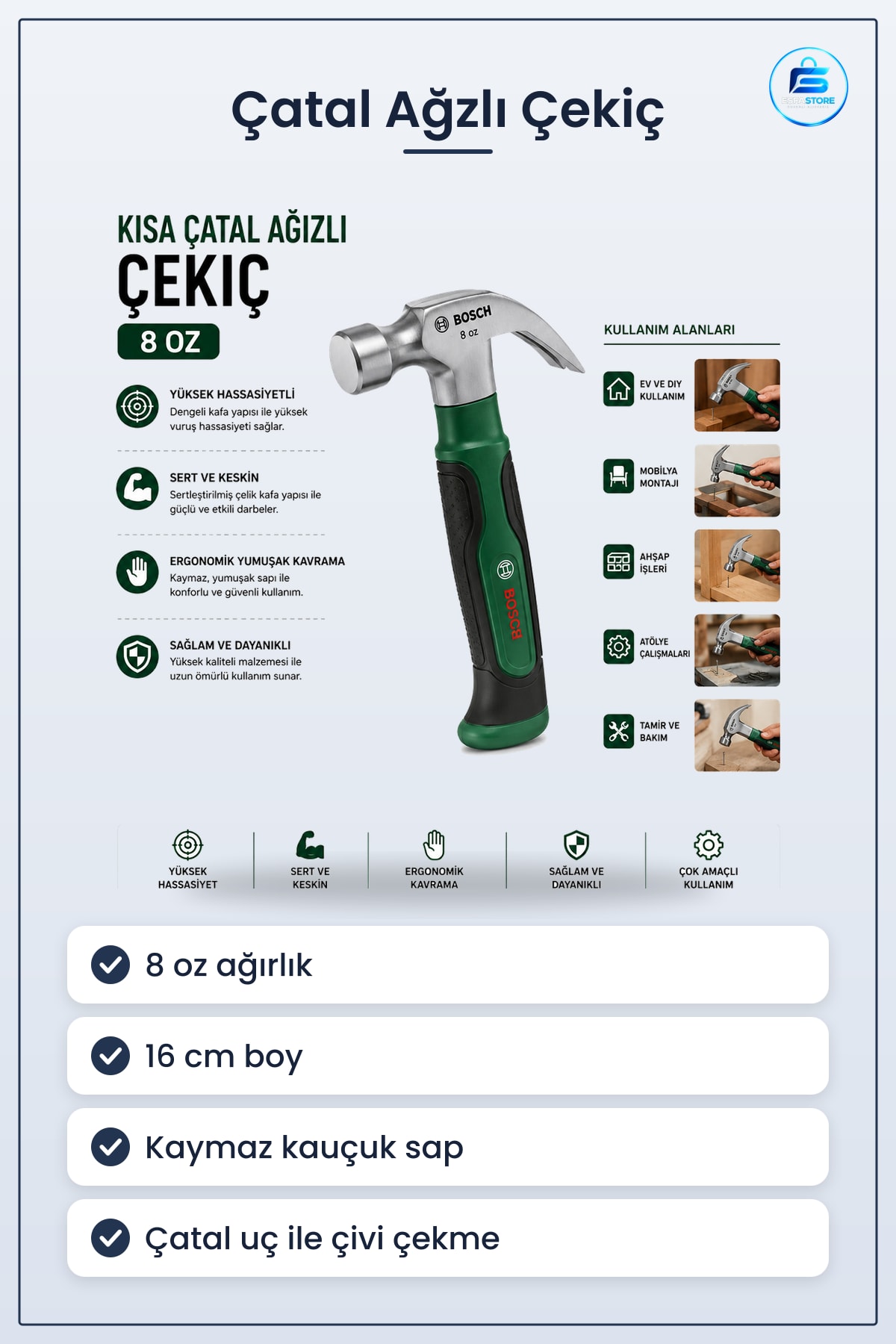 Çekiç Kısa Çatal Ağızlı 8 oz 16 cm Ergonomik Yumuşak Sap Htaş Marangozluk Montaj Tamir