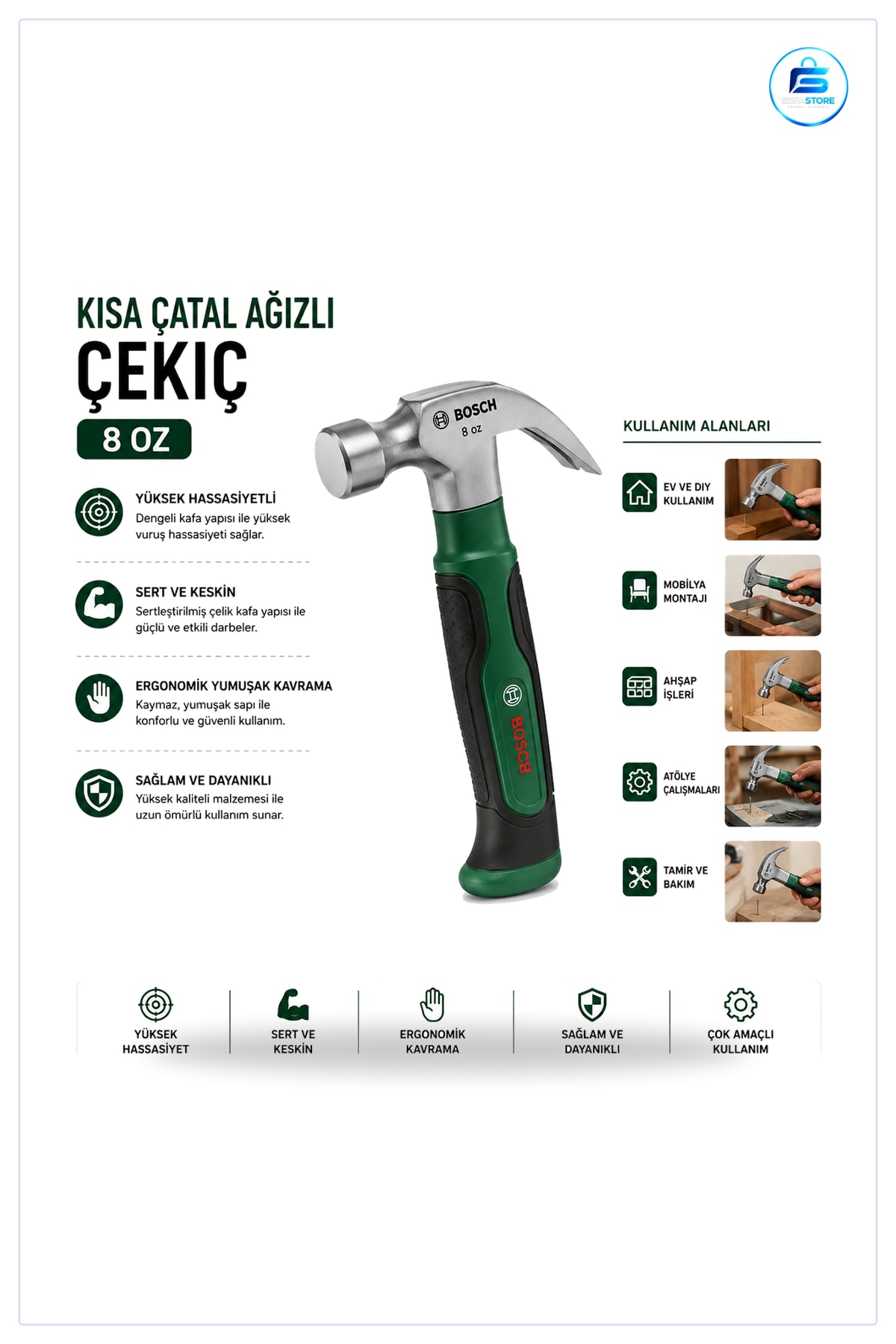 Çekiç Kısa Çatal Ağızlı 8 oz 16 cm Ergonomik Yumuşak Sap Htaş Marangozluk Montaj Tamir