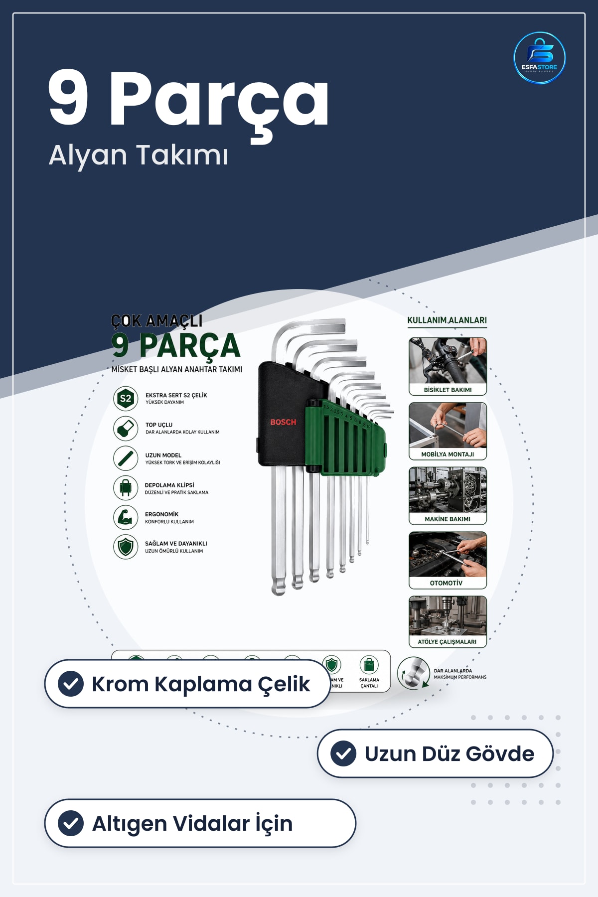 Alyan Anahtar Takımı 9 Parça Uzun Düz Krom Altıgen Vida Tamir Montaj Atölye Oto Bisiklet