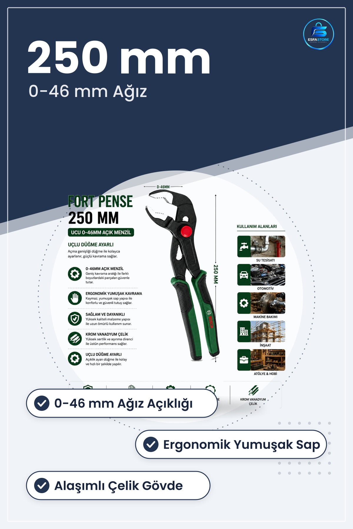 Papağan Pense 250 mm 0 ile 46 Açıklık Ergonomik Yumuşak Sap Krom Vanadyum Çelik Tesisat
