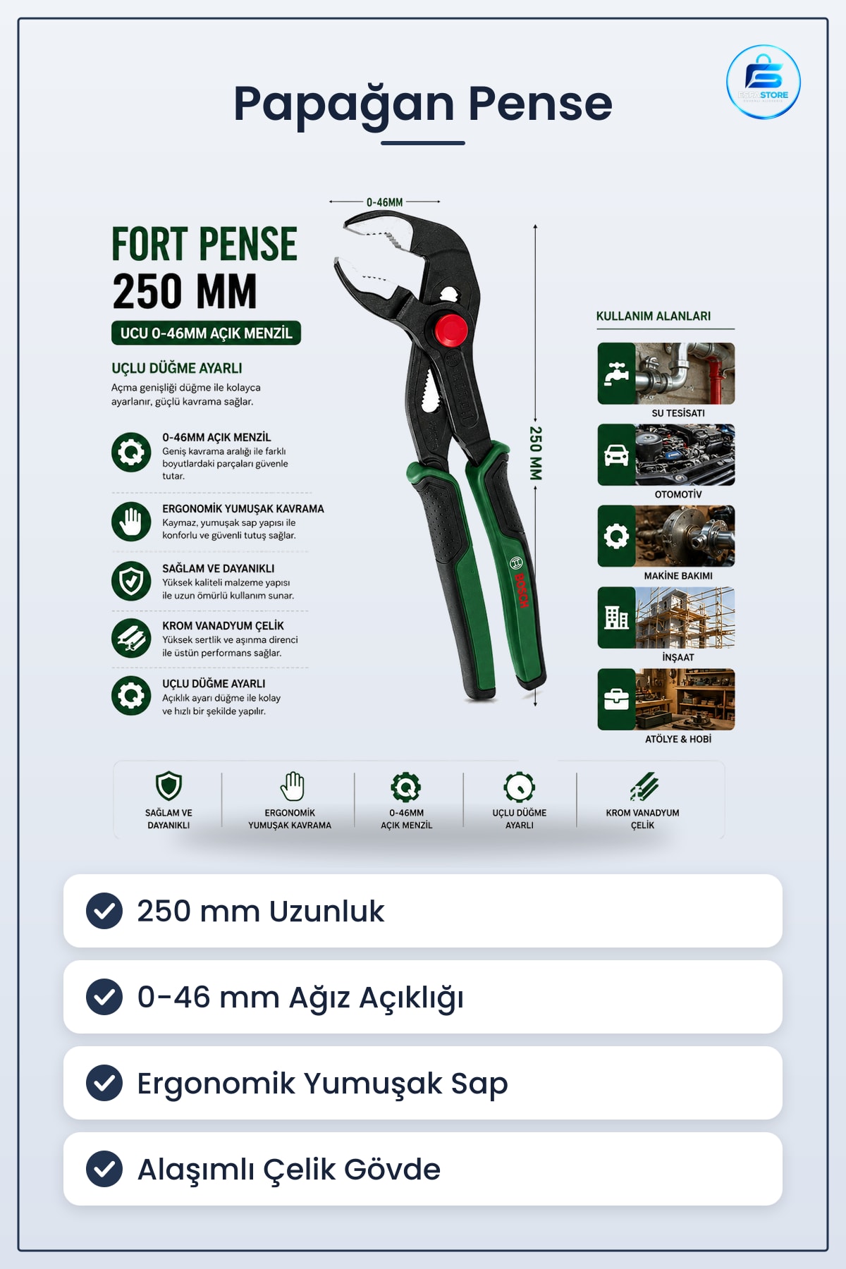 Papağan Pense 250 mm 0 ile 46 Açıklık Ergonomik Yumuşak Sap Krom Vanadyum Çelik Tesisat