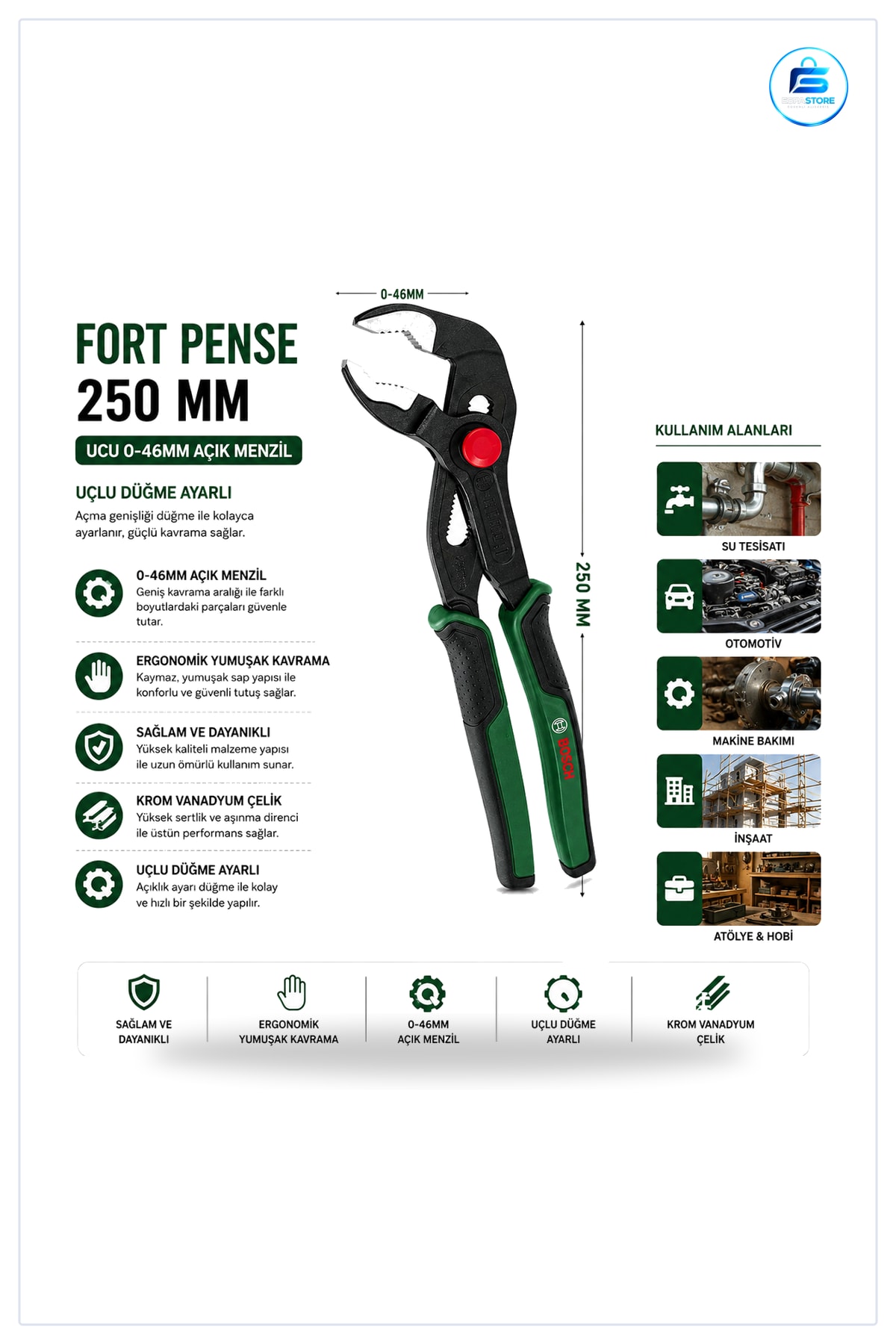 Papağan Pense 250 mm 0 ile 46 Açıklık Ergonomik Yumuşak Sap Krom Vanadyum Çelik Tesisat