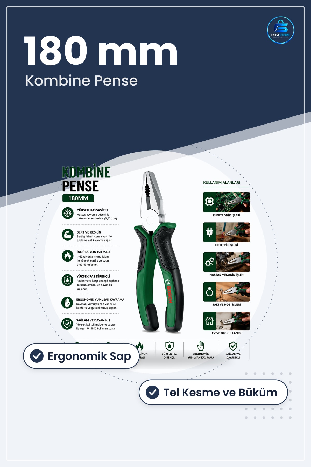 Pense 7 inç 180 mm Ergonomik Saplı Kombine Elektrik Tamirat Montaj Tel Kesme Çelik Hırdavat
