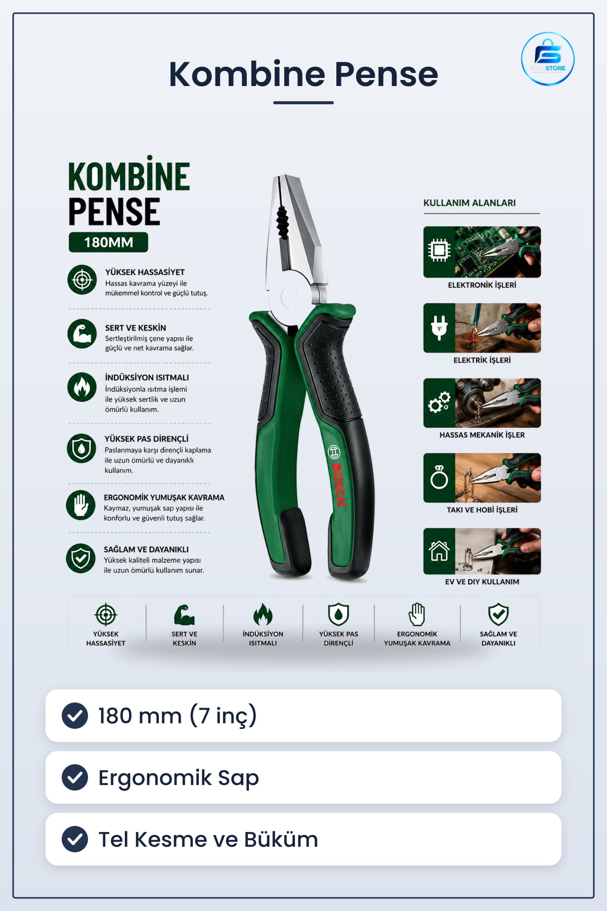 Pense 7 inç 180 mm Ergonomik Saplı Kombine Elektrik Tamirat Montaj Tel Kesme Çelik Hırdavat