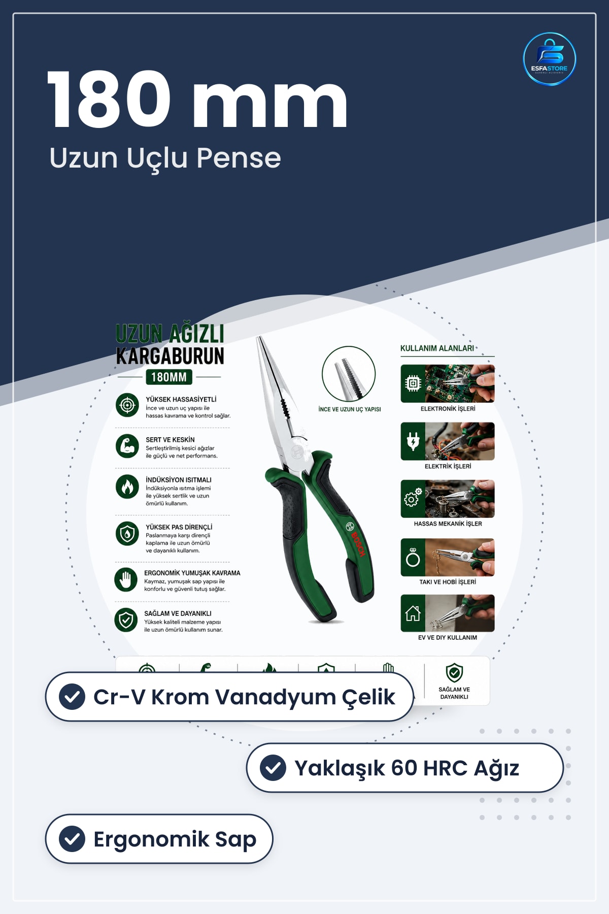 Kargaburun Pense 180 mm Uzun Uçlu Ergonomik Saplı Krom Vanadyum Çelik Elektronik Tel Kesici