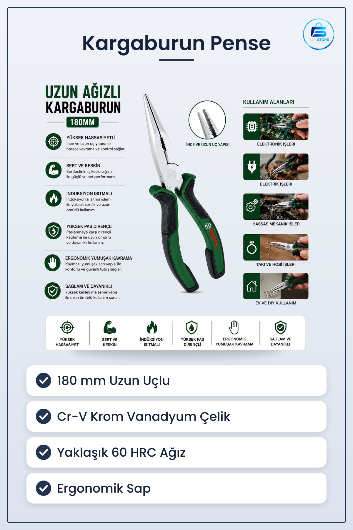 Kargaburun Pense 180 mm Uzun Uçlu Ergonomik Saplı Krom Vanadyum Çelik Elektronik Tel Kesici