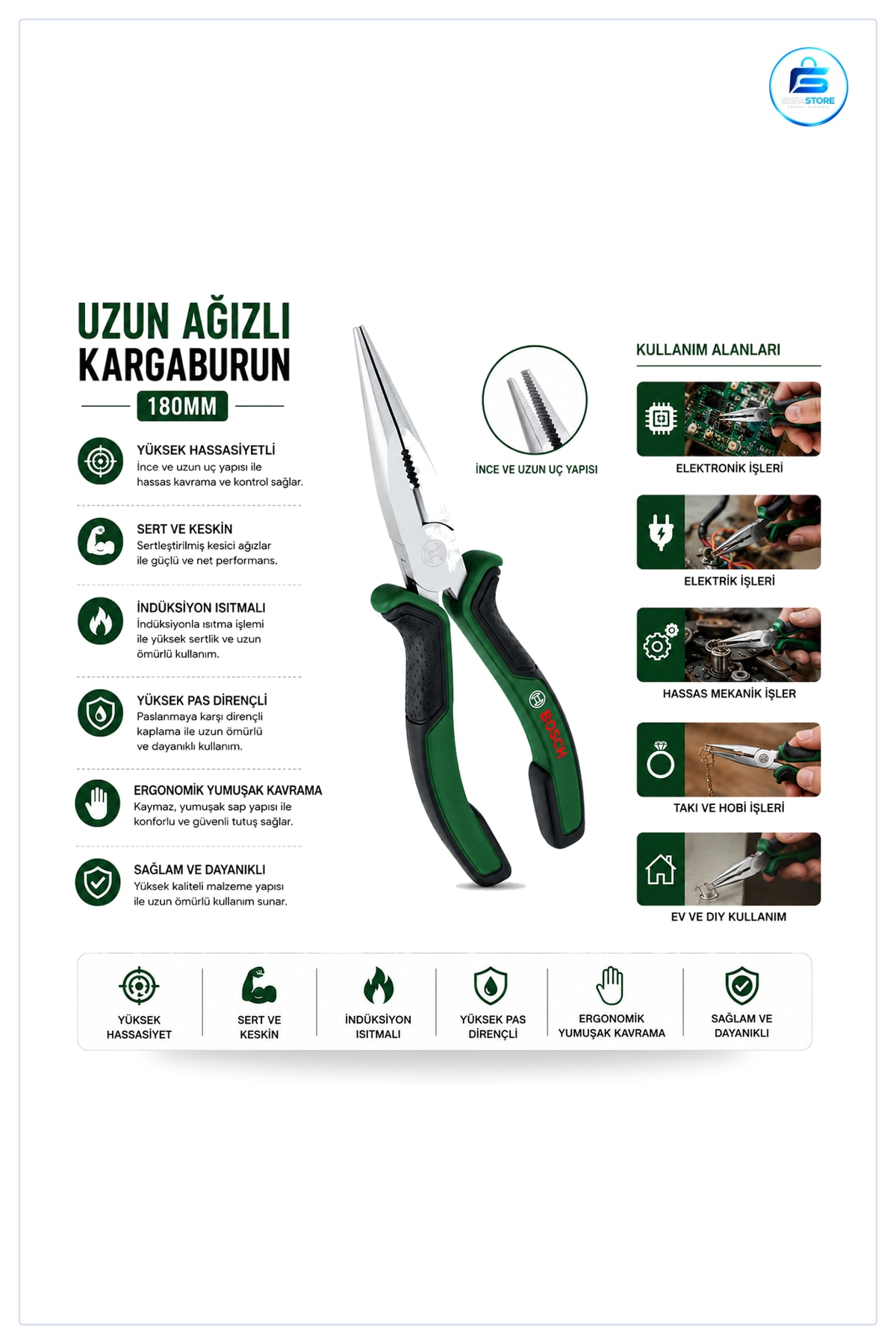 Kargaburun Pense 180 mm Uzun Uçlu Ergonomik Saplı Krom Vanadyum Çelik Elektronik Tel Kesici