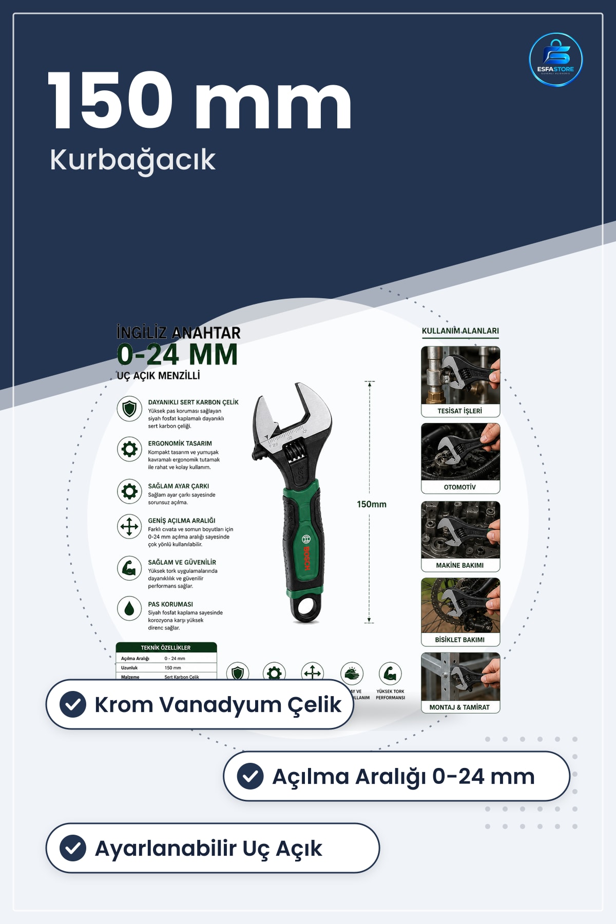 İngiliz Anahtar 150 mm Kurbağacık Ayarlanabilir Uç Açık Krom Vanadyum Çelik Set 1 Adet