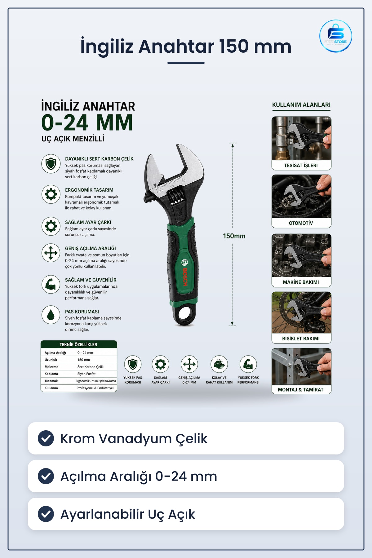 İngiliz Anahtar 150 mm Kurbağacık Ayarlanabilir Uç Açık Krom Vanadyum Çelik Set 1 Adet