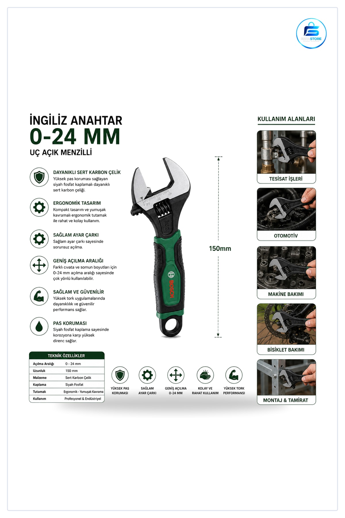 İngiliz Anahtar 150 mm Kurbağacık Ayarlanabilir Uç Açık Krom Vanadyum Çelik Set 1 Adet